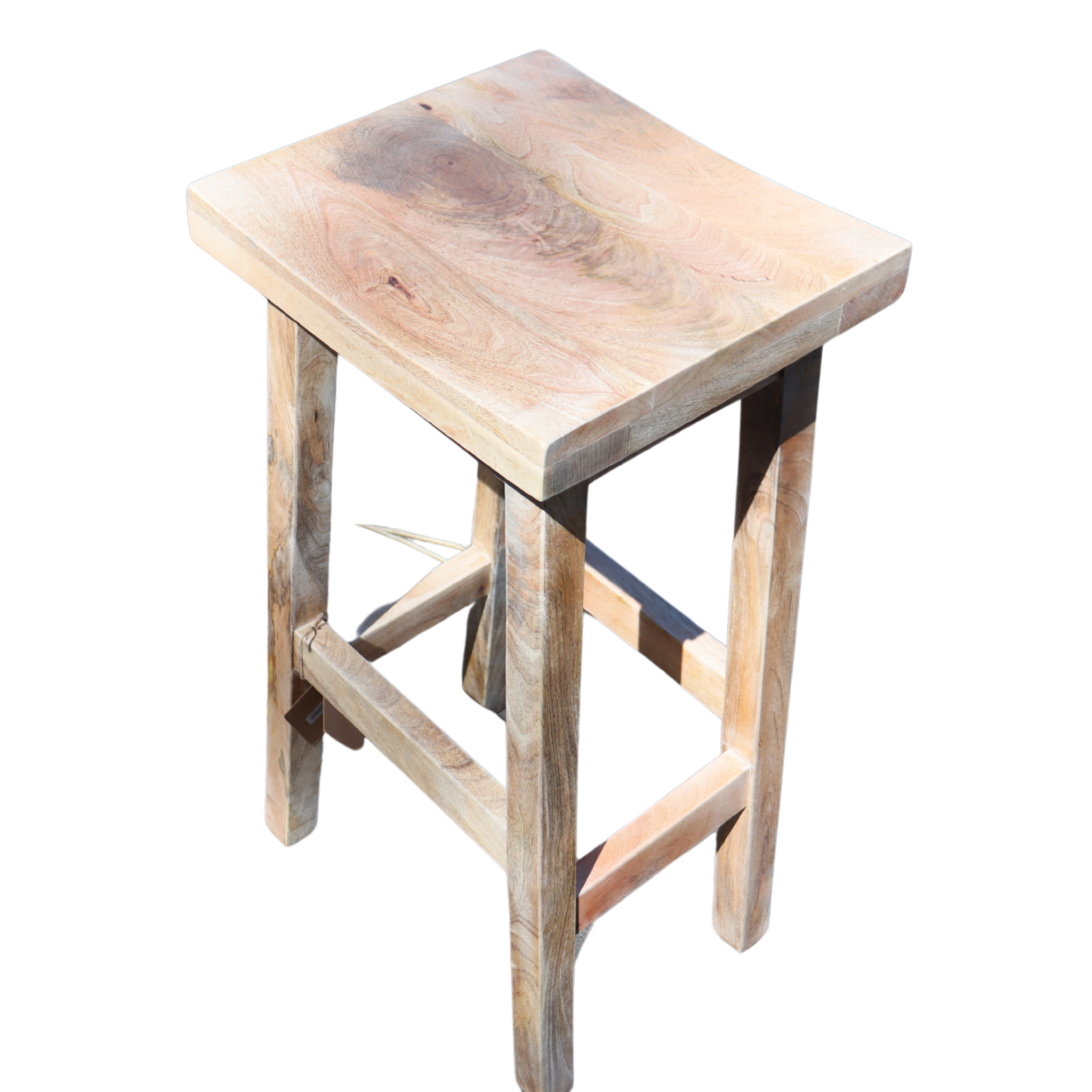 A tall wooden stool with a square seat and four legs, crafted from light-colored wood.