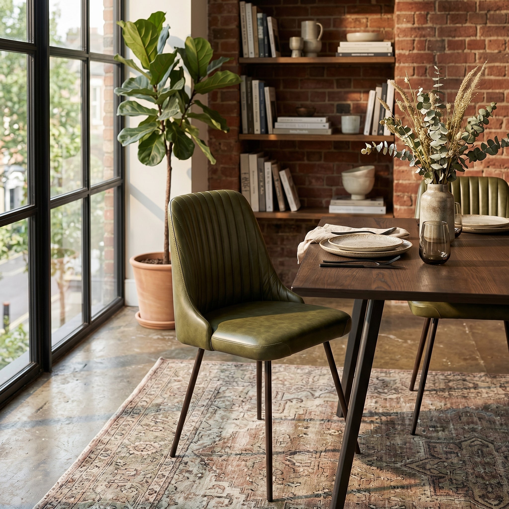 Dining room with a wooden table, green chair, and bookshelf against a brick wall.