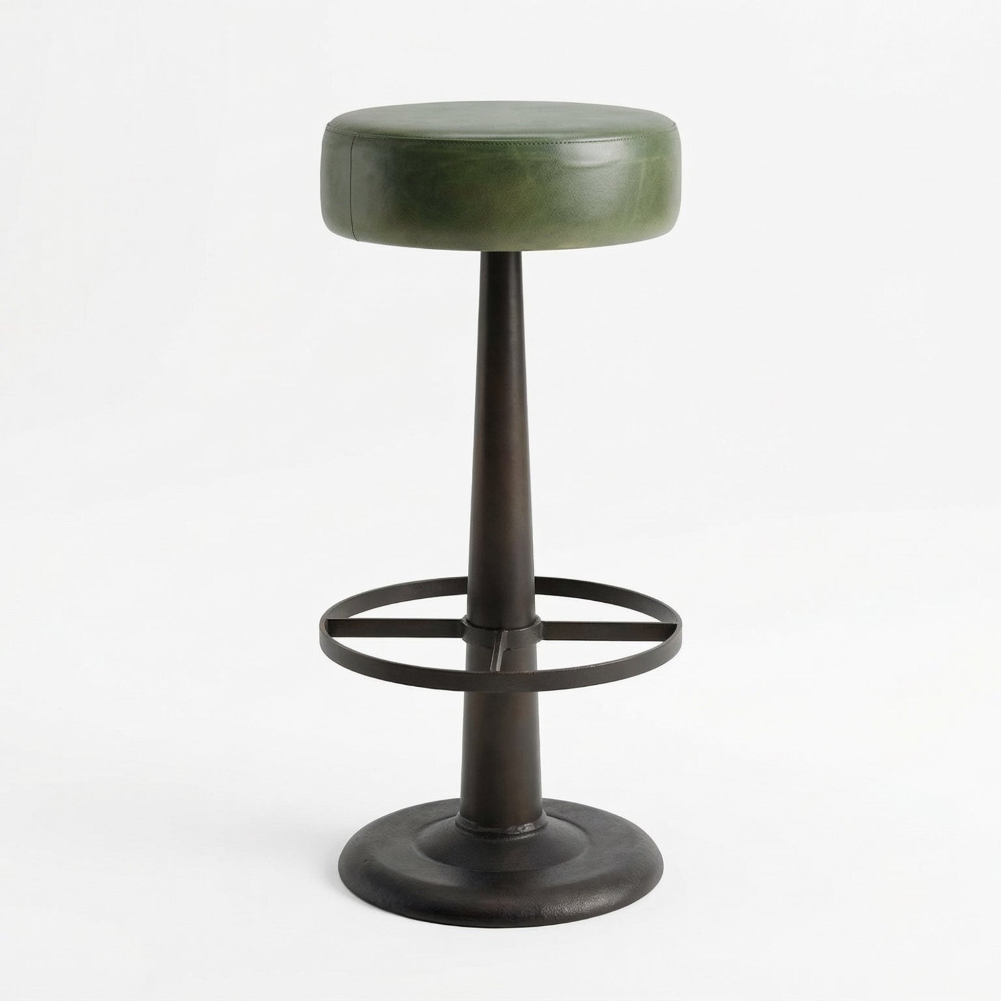 Green bar stool with a black metal base on a white background
