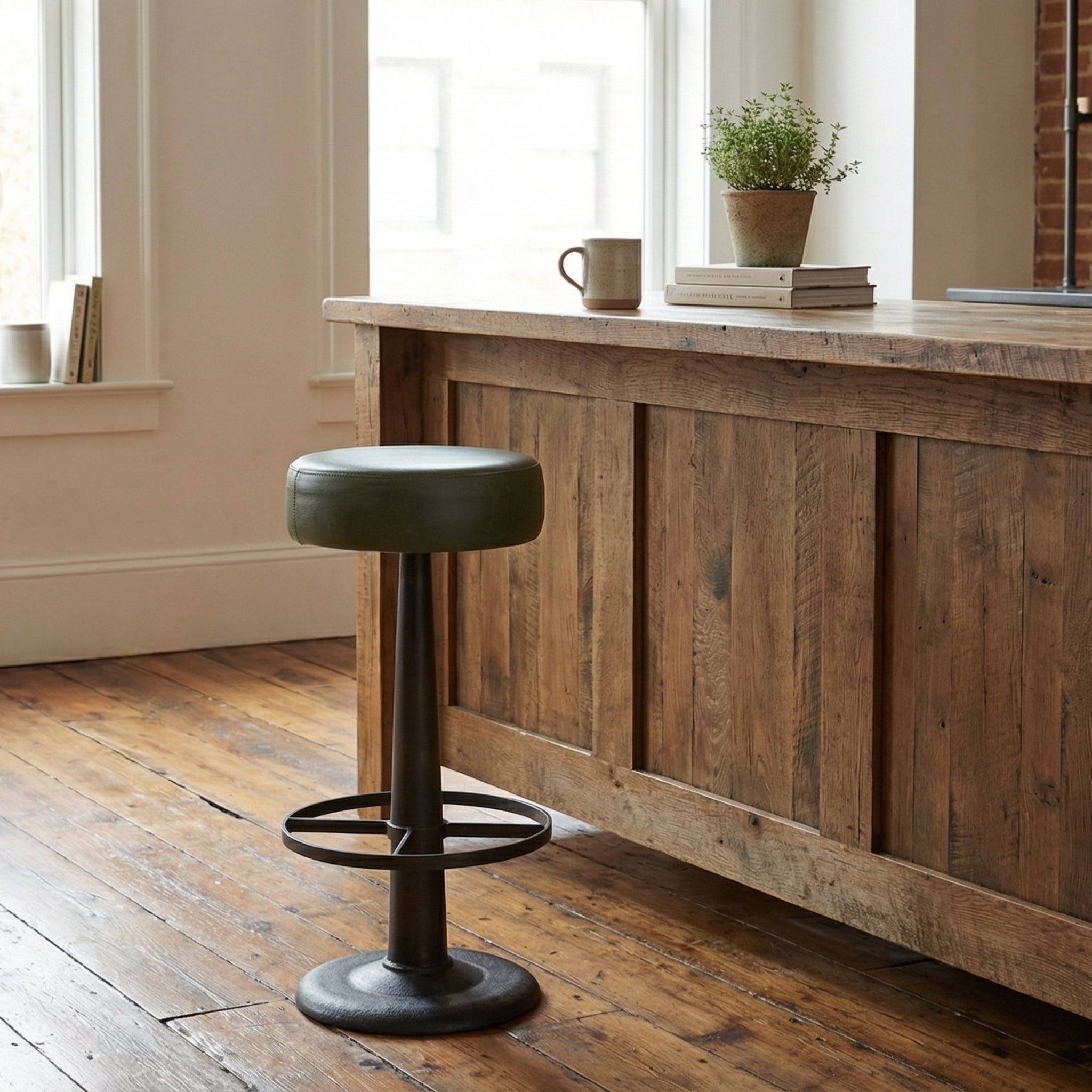 Nkuku Narwana Round Leather Stool Rich Green
