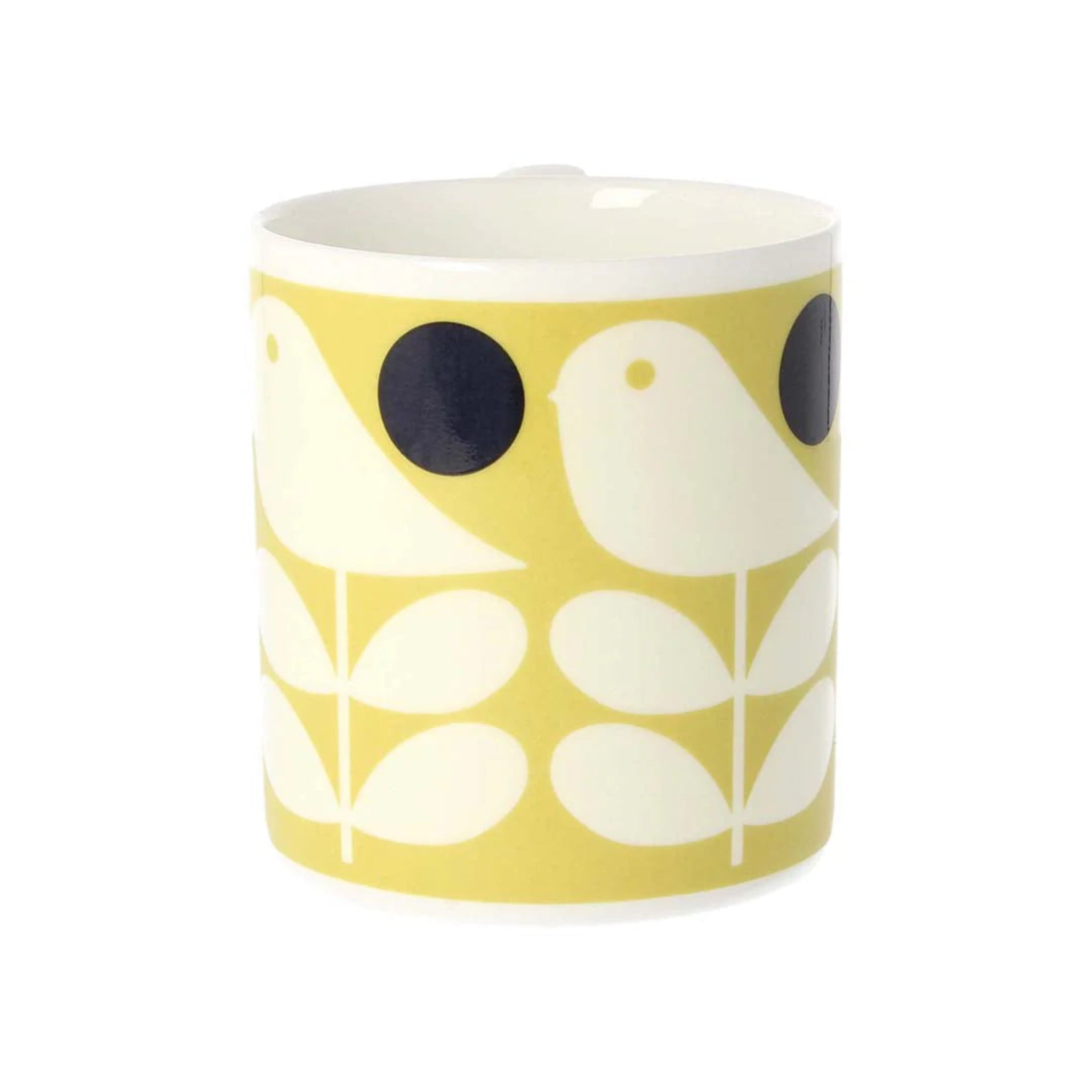 Yellow mug with white bird design on a white background