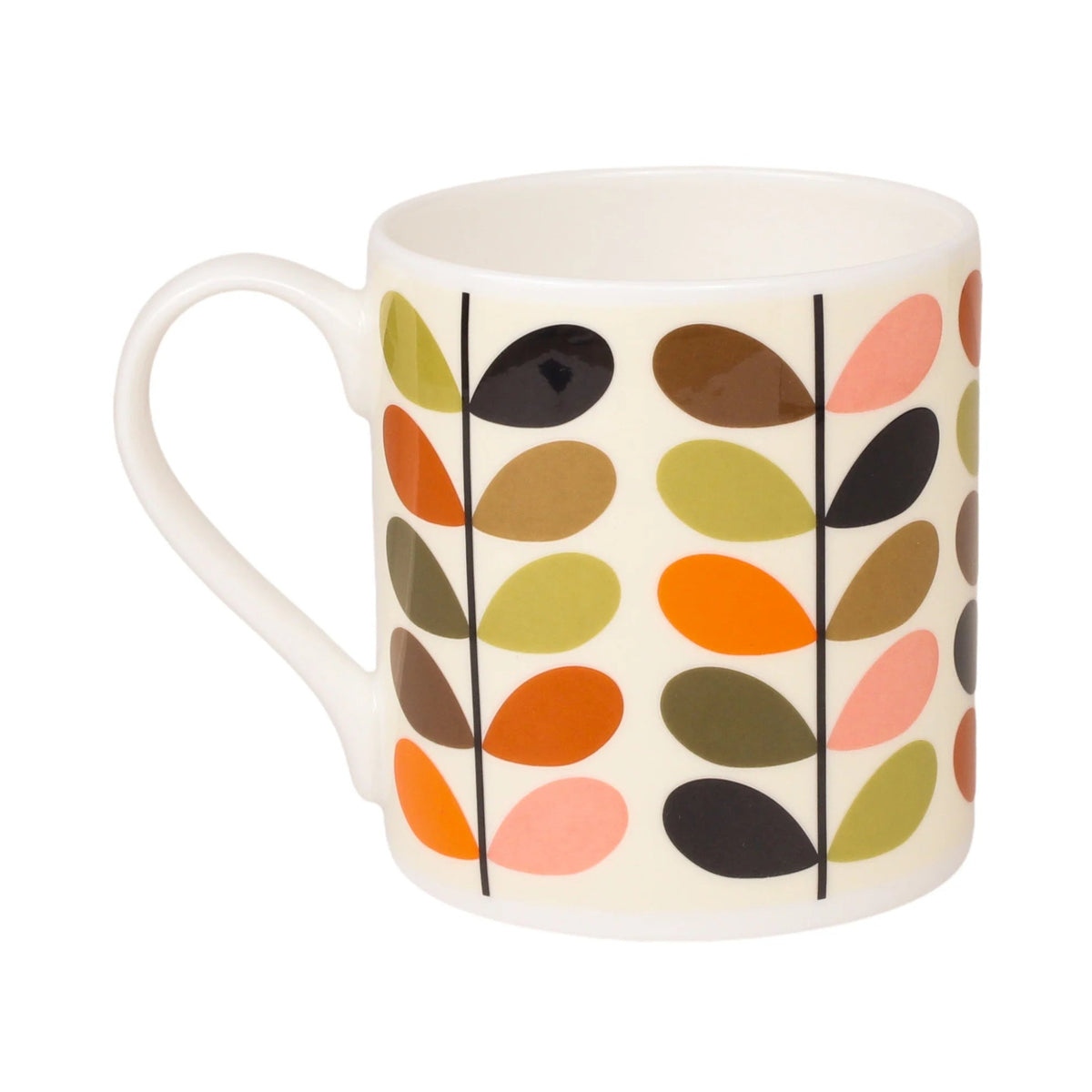 A white ceramic mug featuring the signature Orla Dermody leaf pattern with colorful leaf shapes in orange, pink, olive green, brown, and black on a cream background.