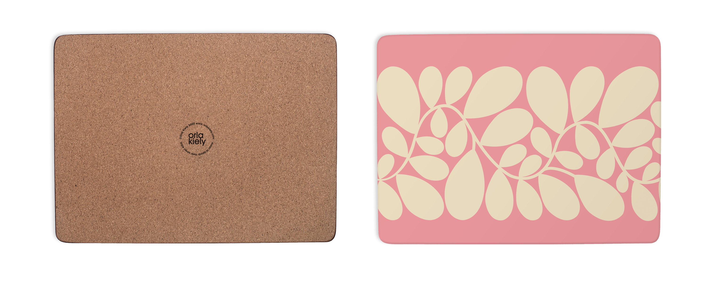 Two mouse pads, one cork texture and one with floral design on pink background
