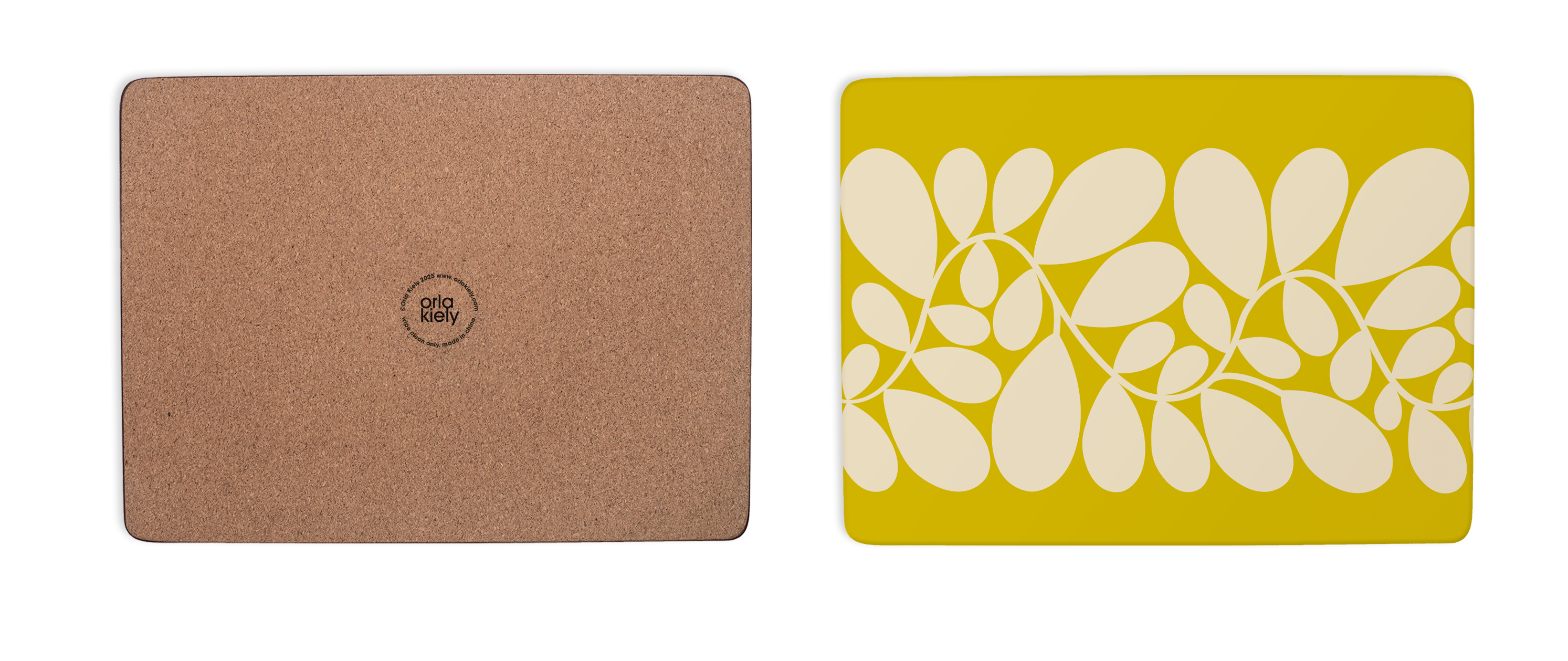 Cork mouse pad and yellow placemat with floral design on a white background