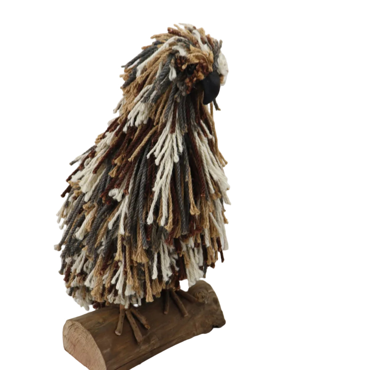 A decorative bird sculpture made from layered yarn in brown, beige, gray, and white, mounted on a rustic wooden base against a plain white background.
