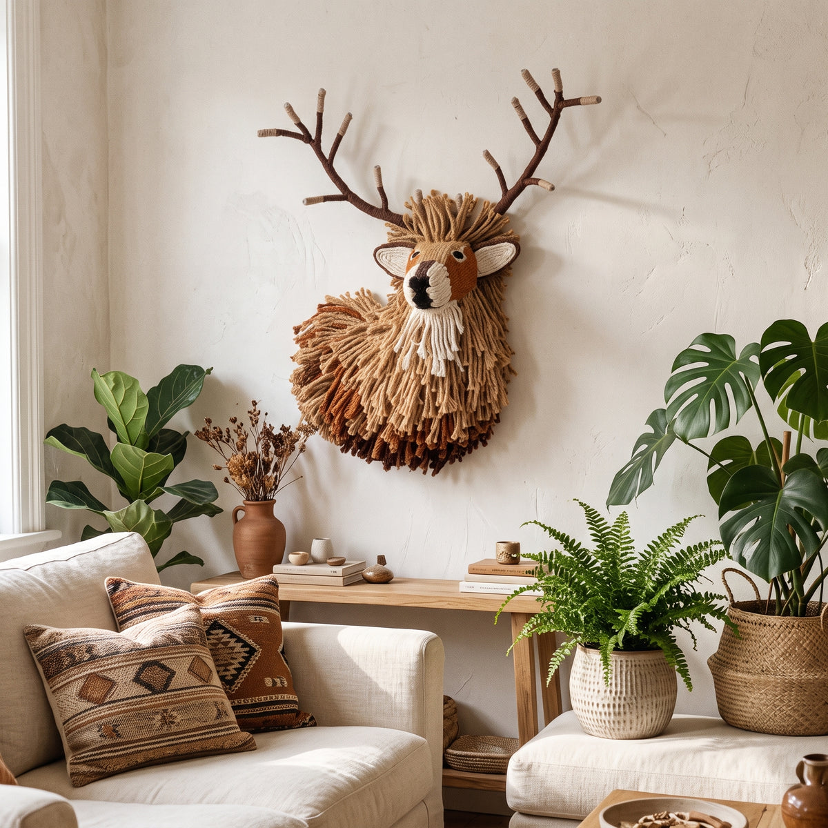 A rustic deer head wall hanging made from woven natural fibers and antler-like branches, mounted on a cream wall in a styled living room with plants, a sofa, and a console table.