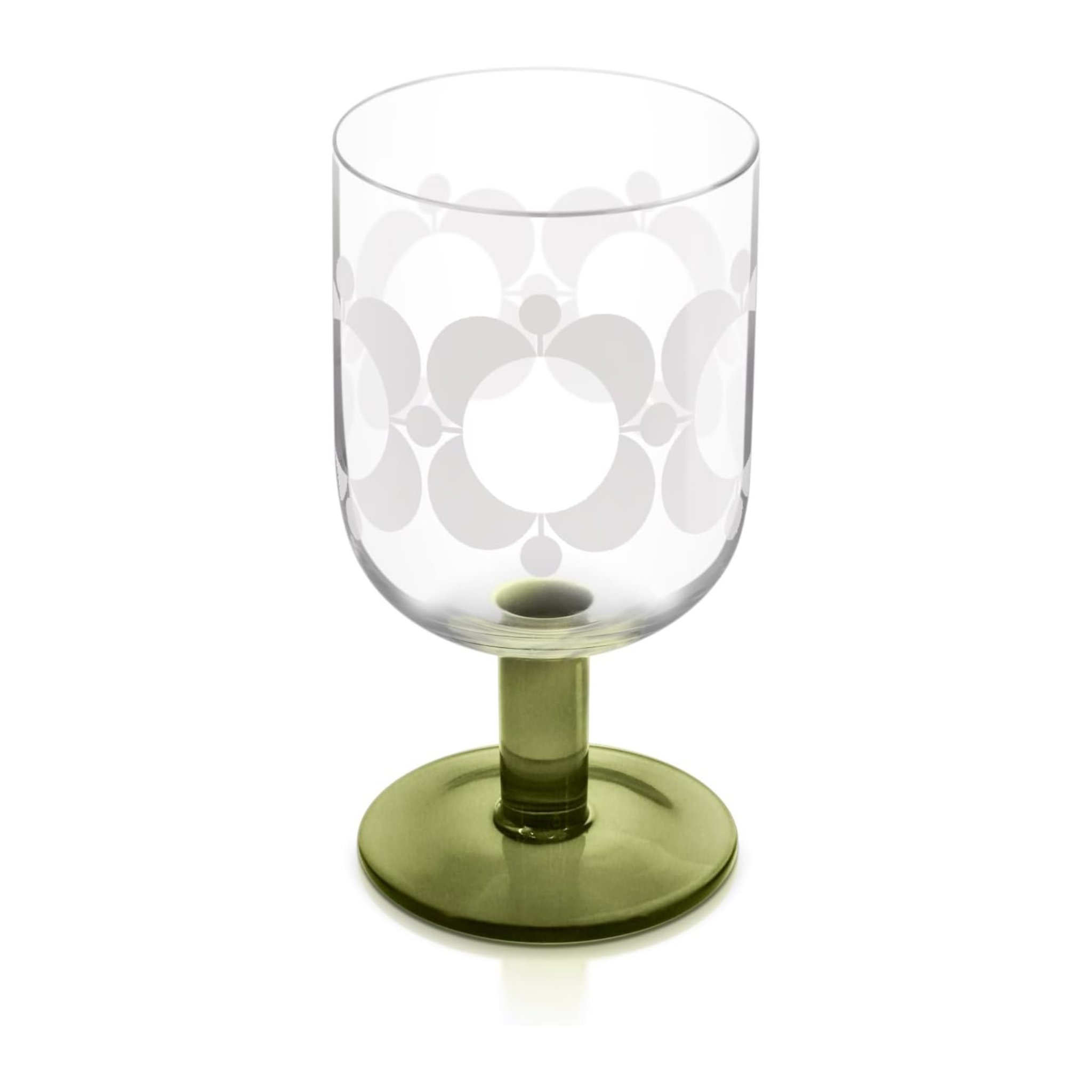 Clear glass with floral pattern and green base on a white background