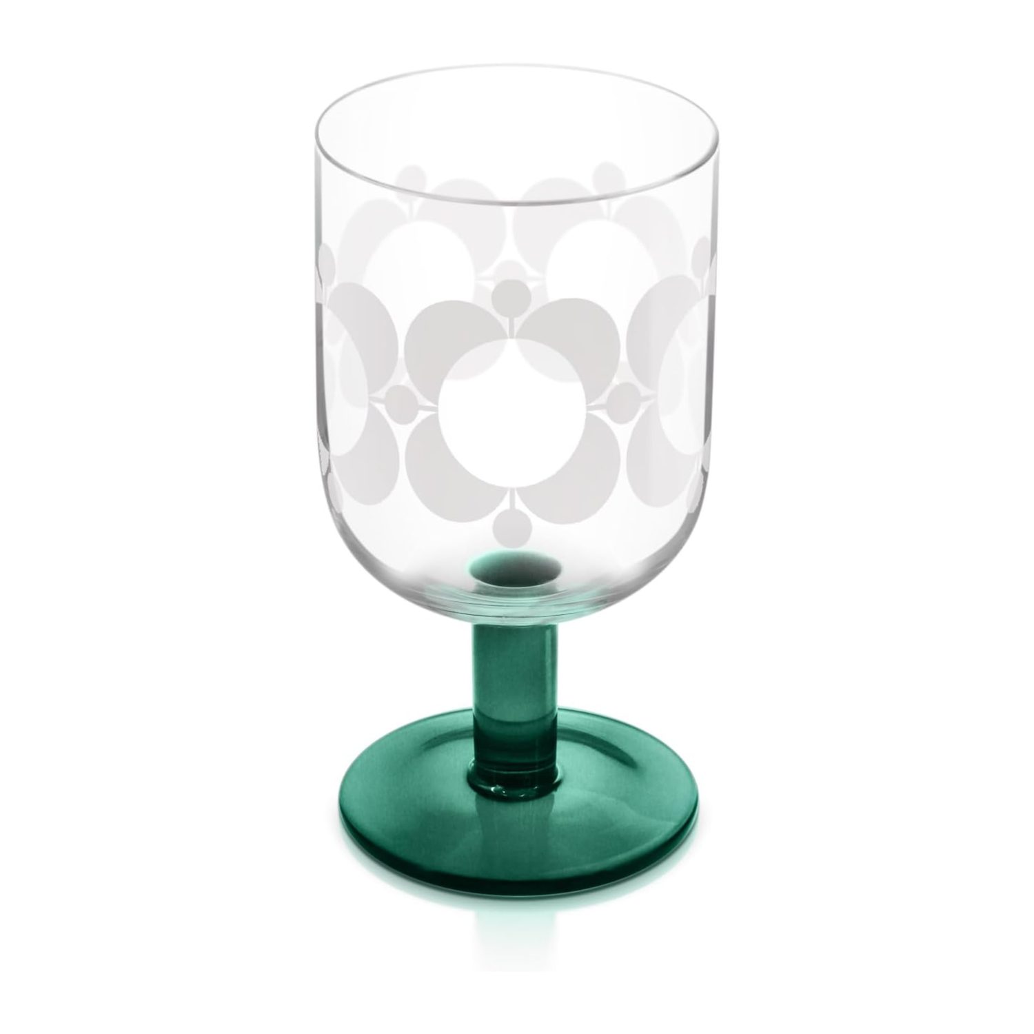 Clear glass with floral design and green base on a white background