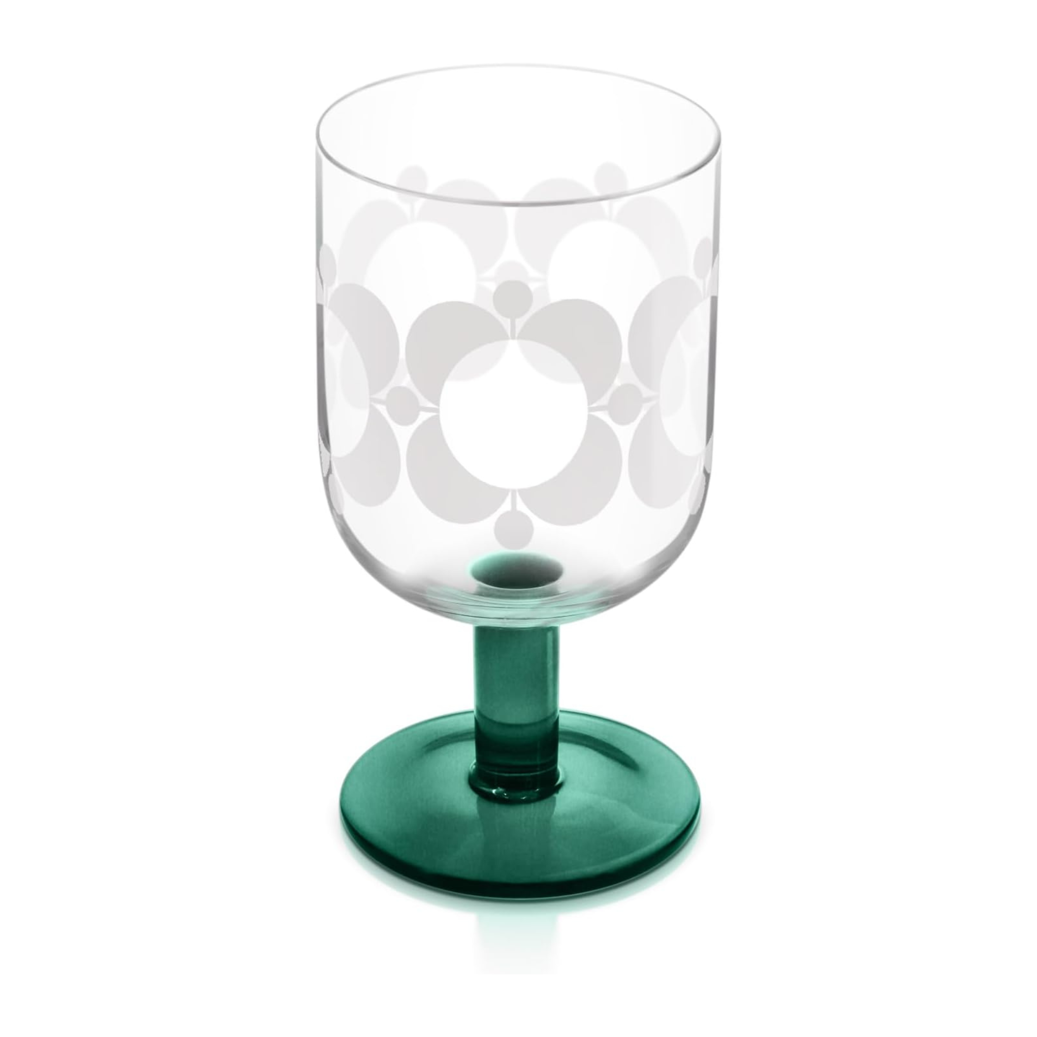 Clear glass with floral design and green base on a white background