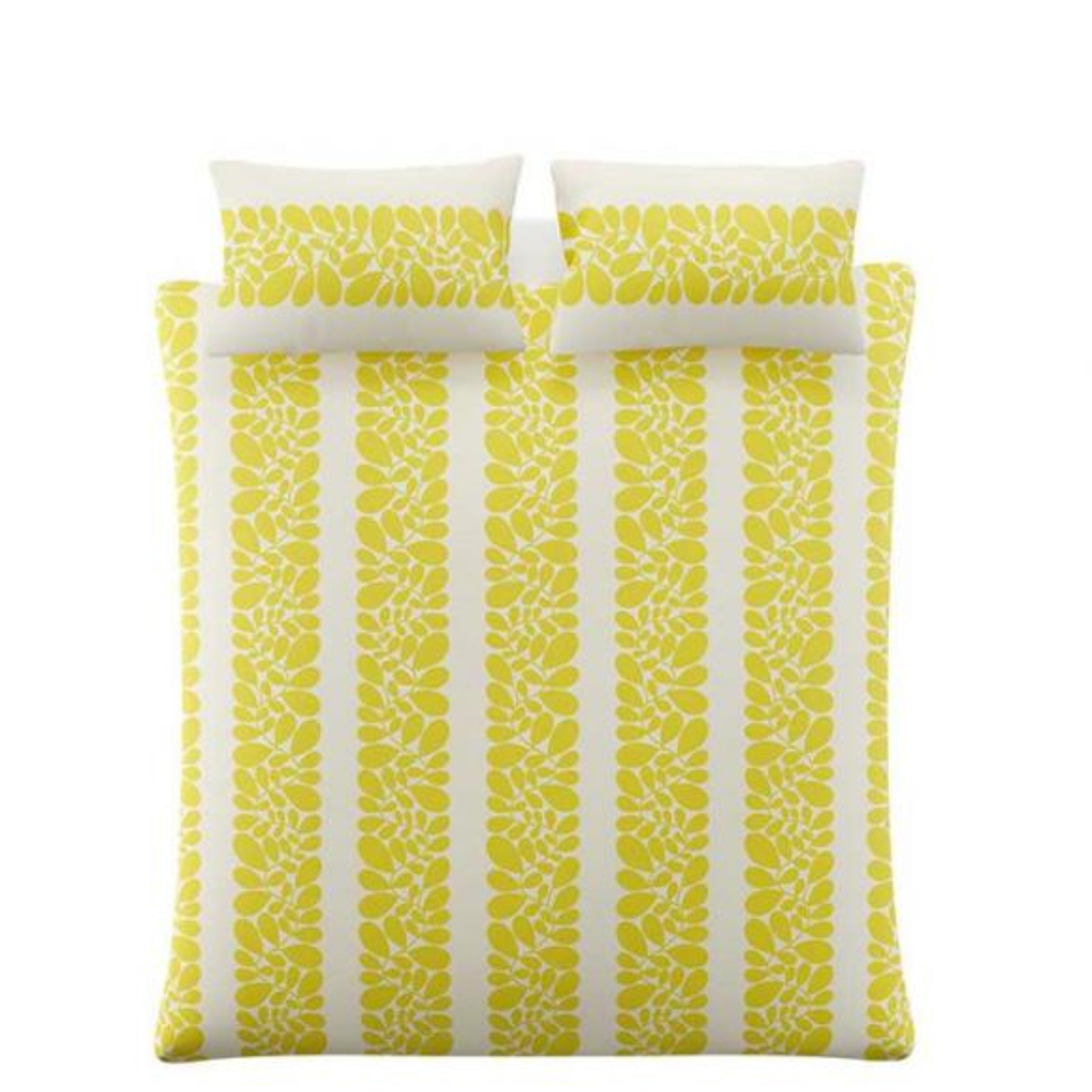 Yellow and white striped pillow with floral pattern on a white background