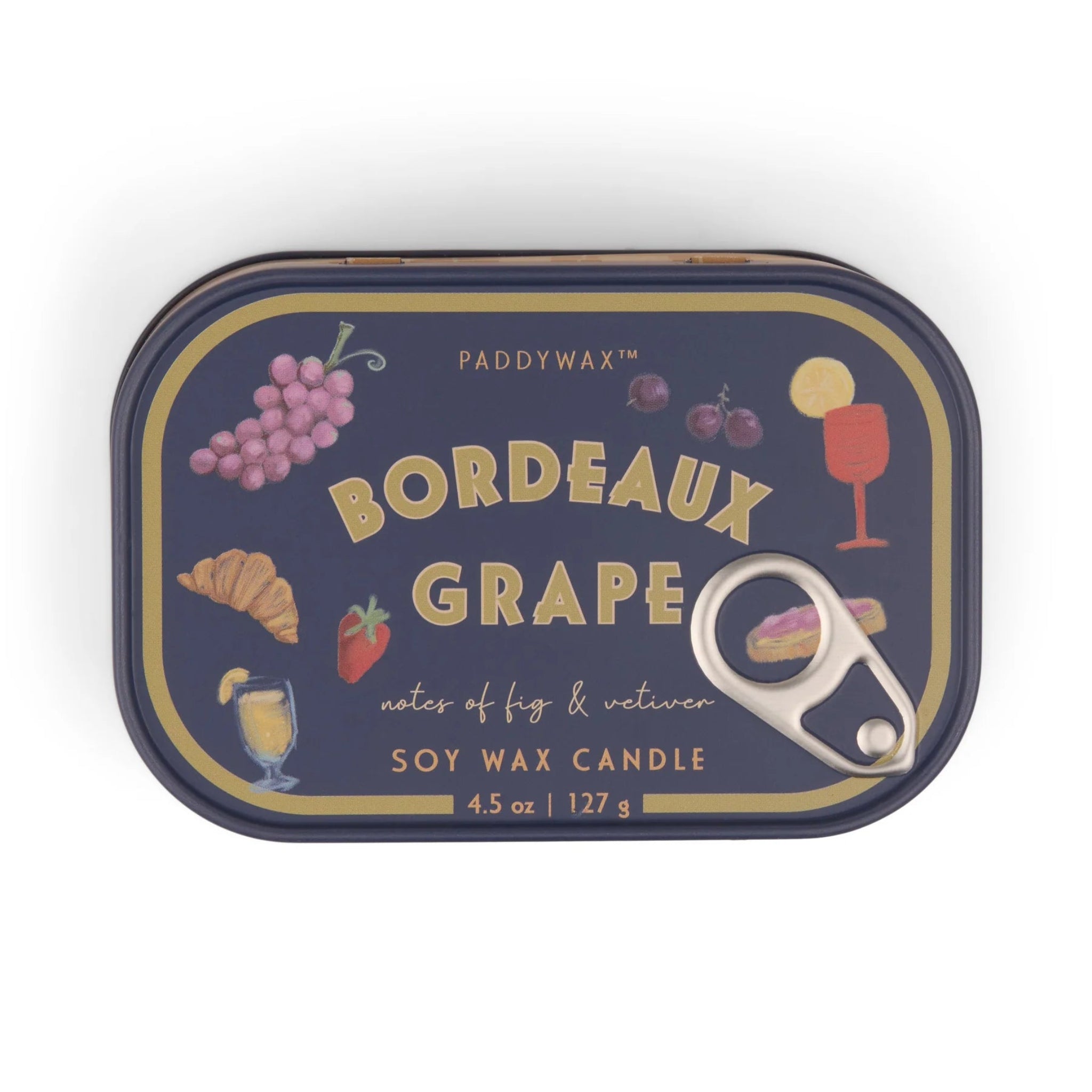 Paddywax Bordeaux Grape candle tin with illustrations on a white background