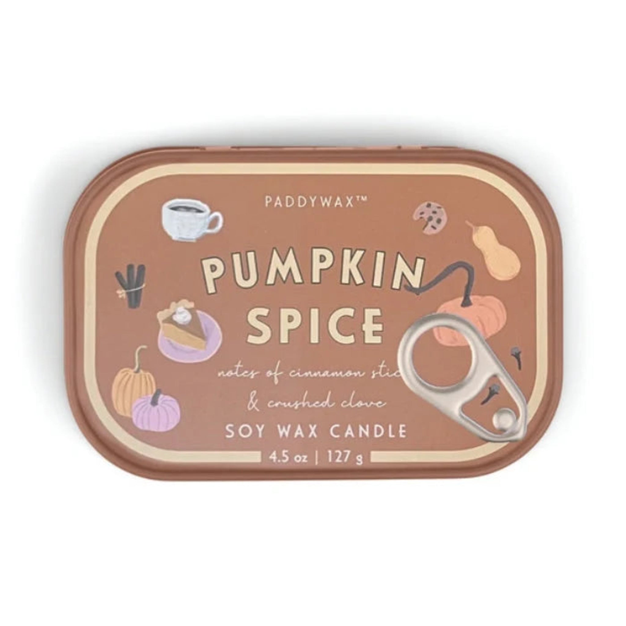 Paddywax Pumpkin Spice soy wax candle in a rectangular tin with rounded corners, featuring a pull tab opener on the front.