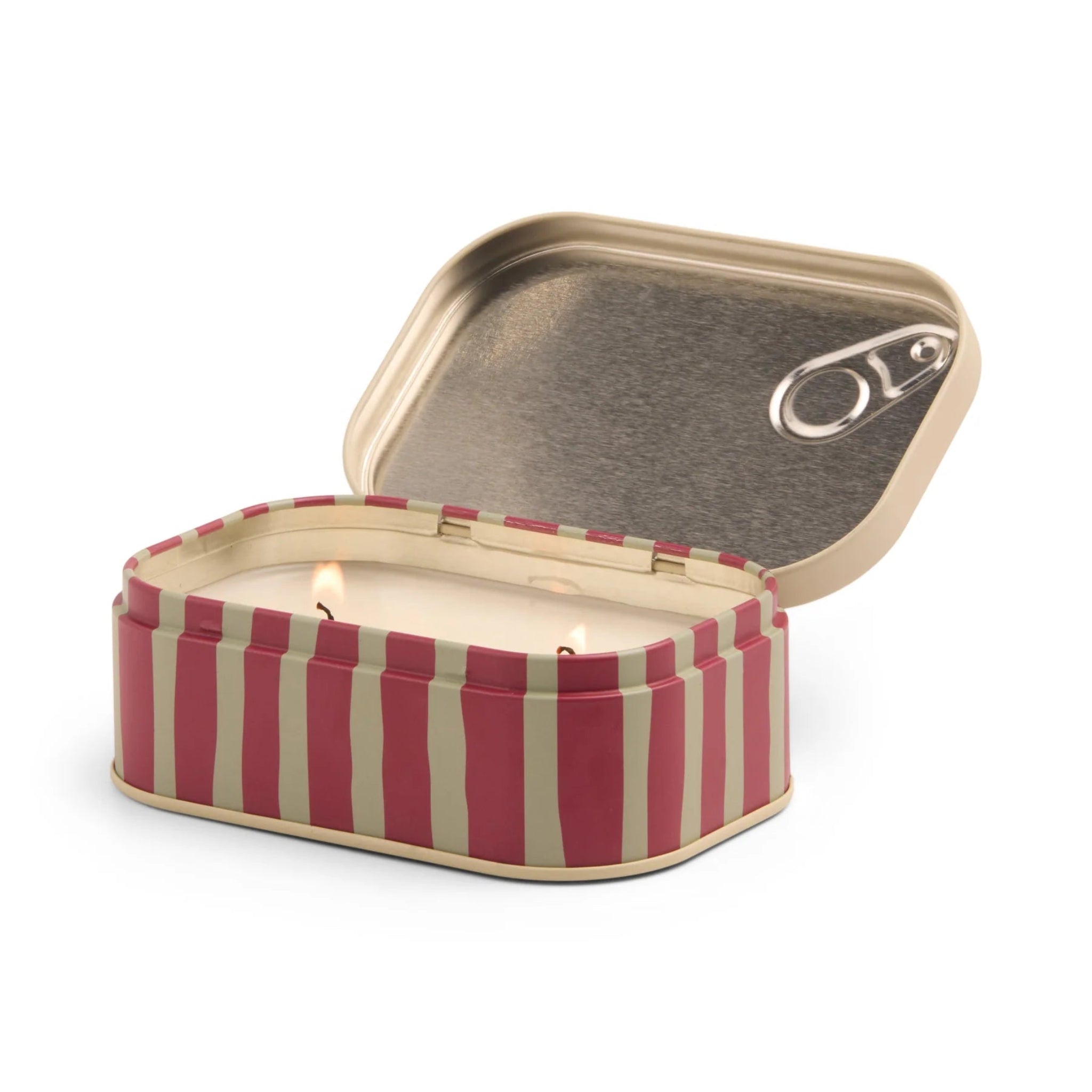Striped candle in a tin with a lid on a white background