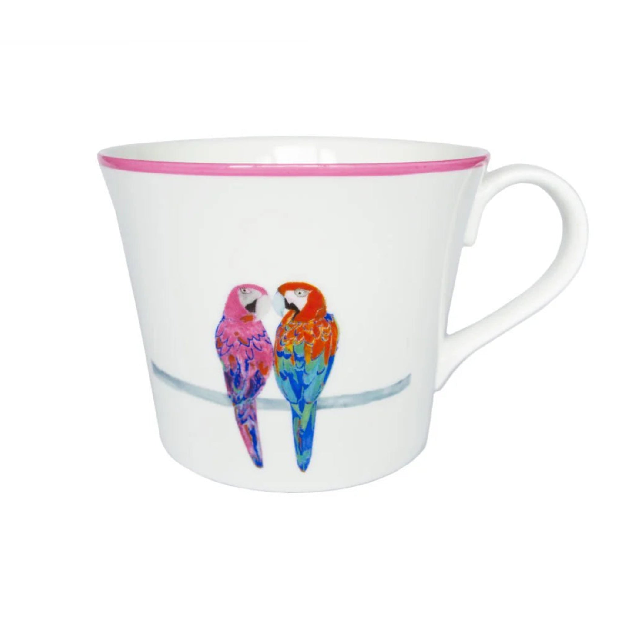 A white bone china mug with a colorful hand-painted bird design on the side, featuring a yellow rim.
