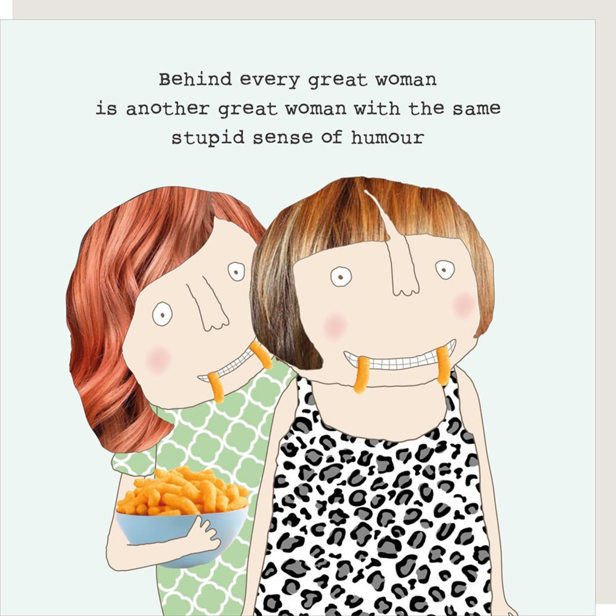 Illustration of two women with text about great women and humour on a light background