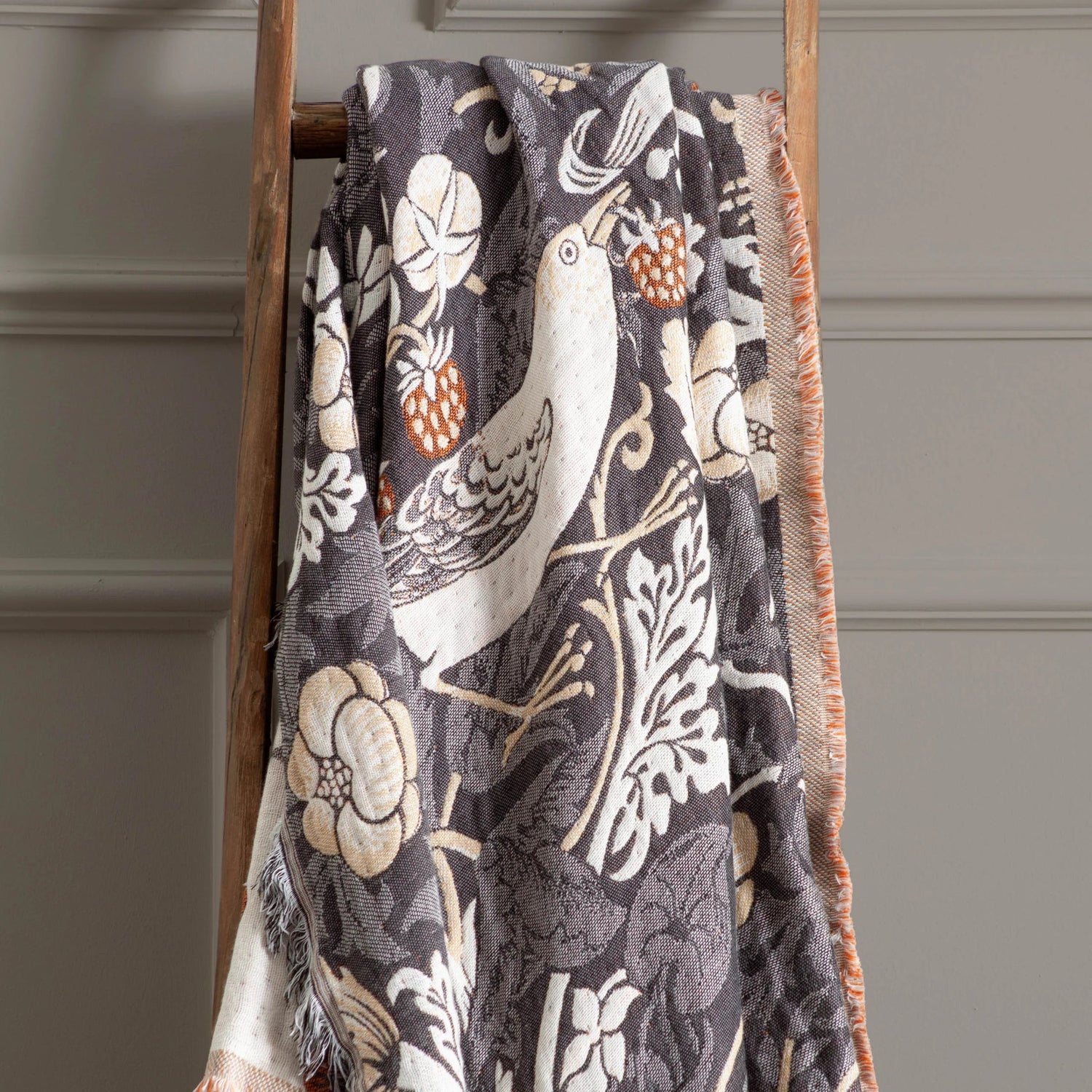 Morris & Co Strawberry Thief Jacquard Throw Biscuit