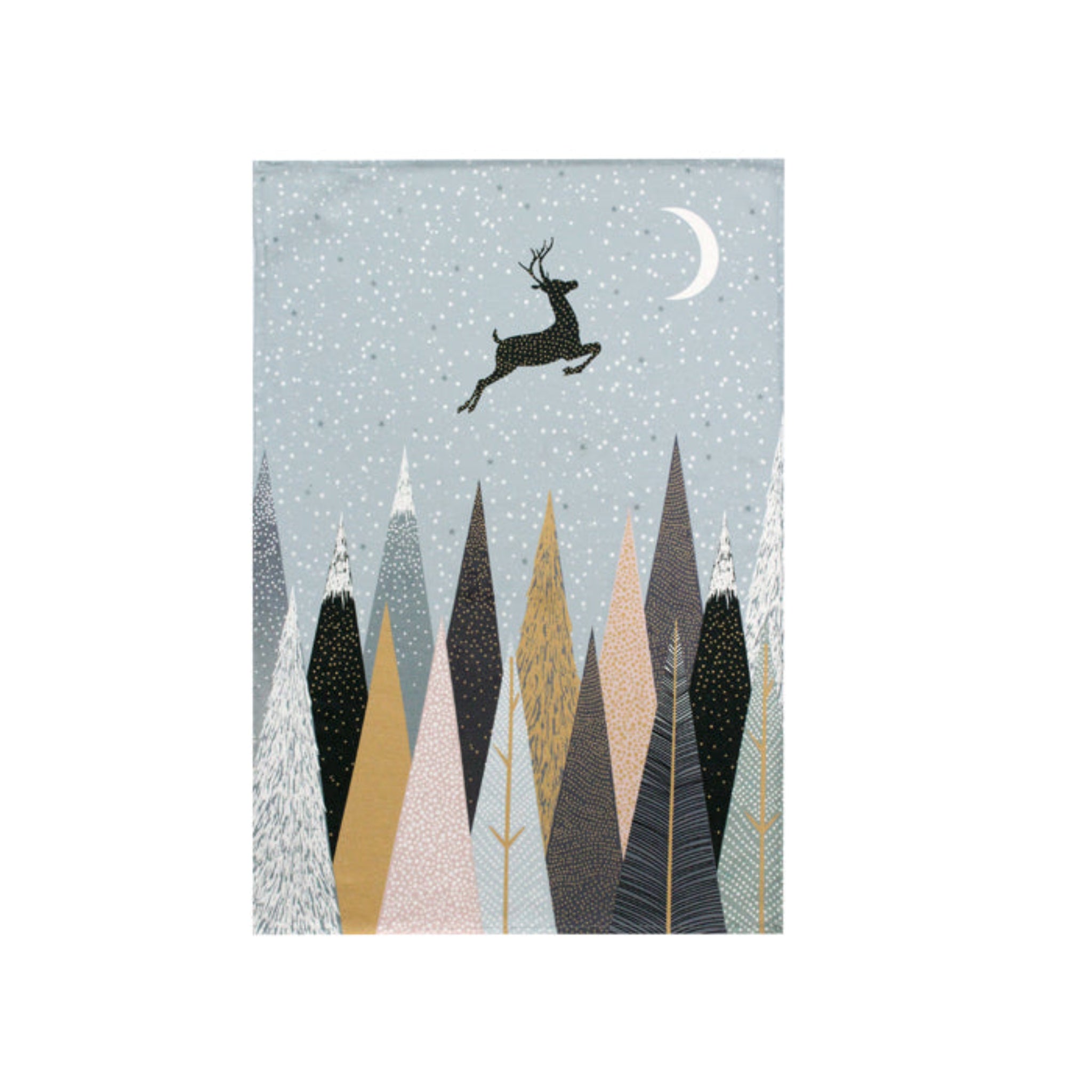 Illustration of a deer jumping over trees with a moonlit sky in the background