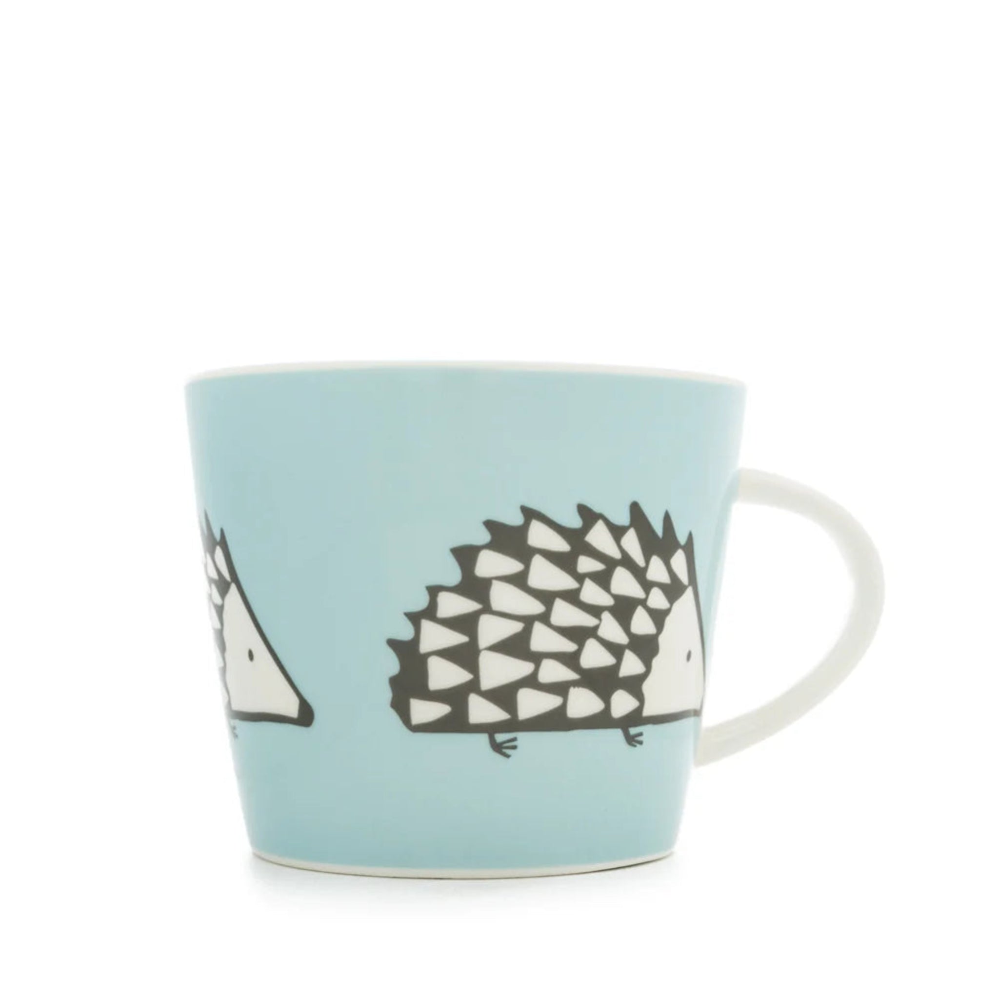 Light blue mug with hedgehog design on a white background