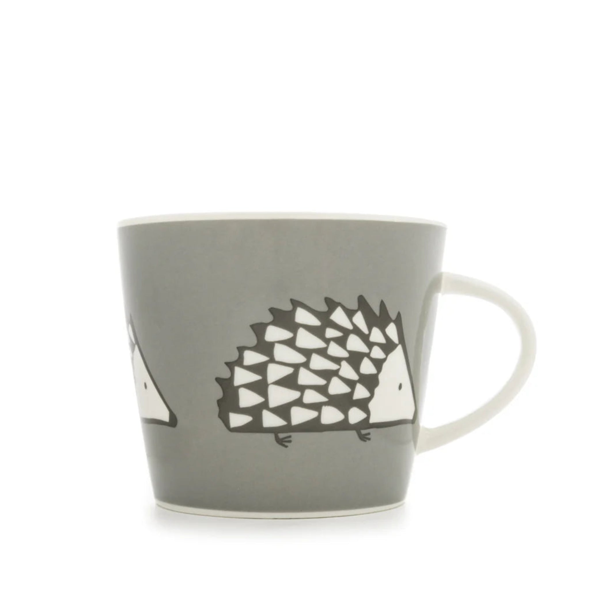 Gray mug with hedgehog design on a white background