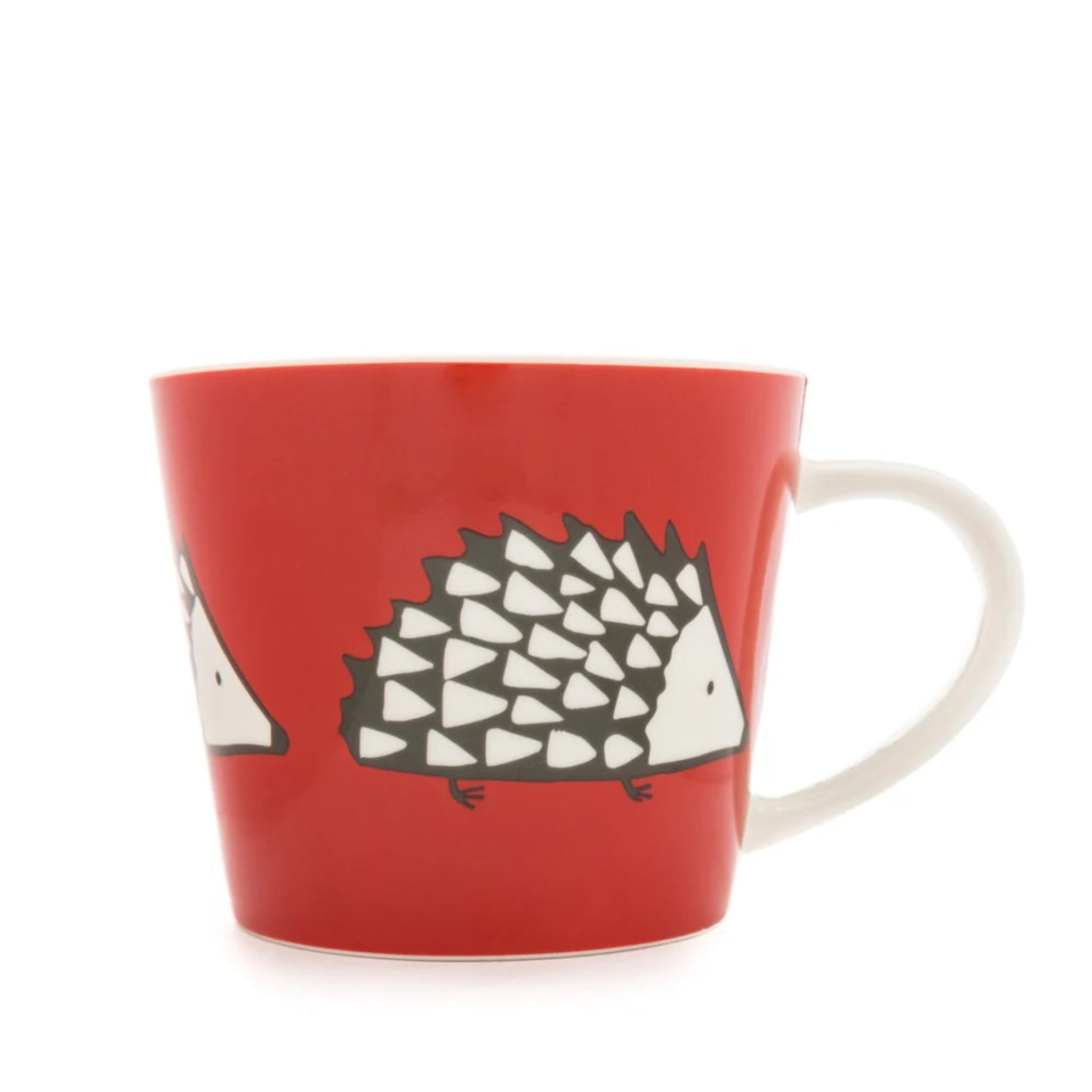 A red ceramic mug featuring a stylized hedgehog illustration in black, white, and gray, with a white handle, shown on a plain white background.