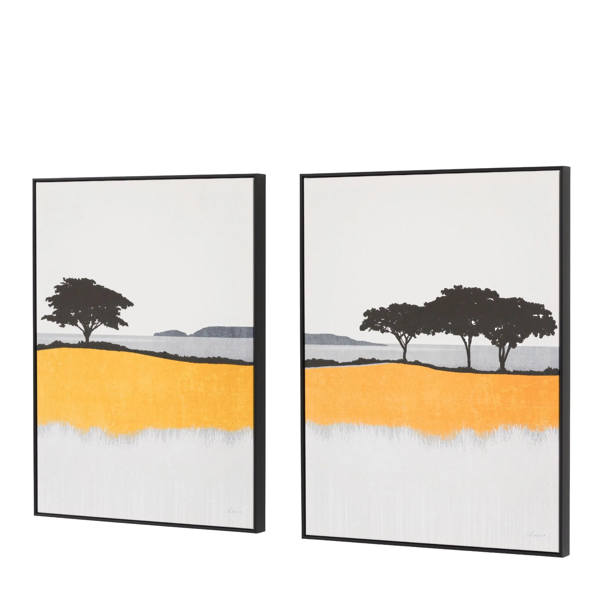 Two framed artworks of trees on a yellow and gray landscape.
