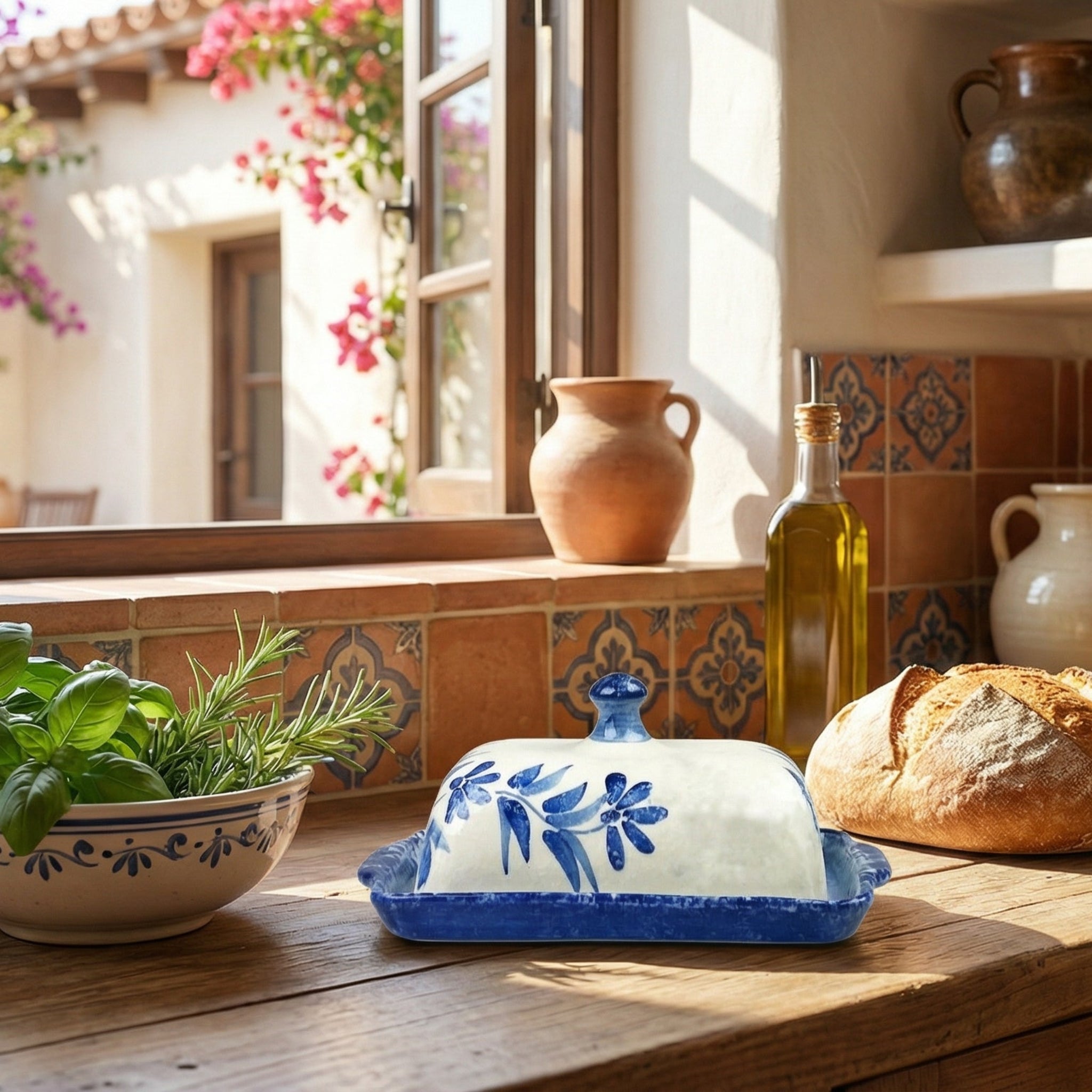 Kitchen counter with bread, butter dish, and potted plants near a window.