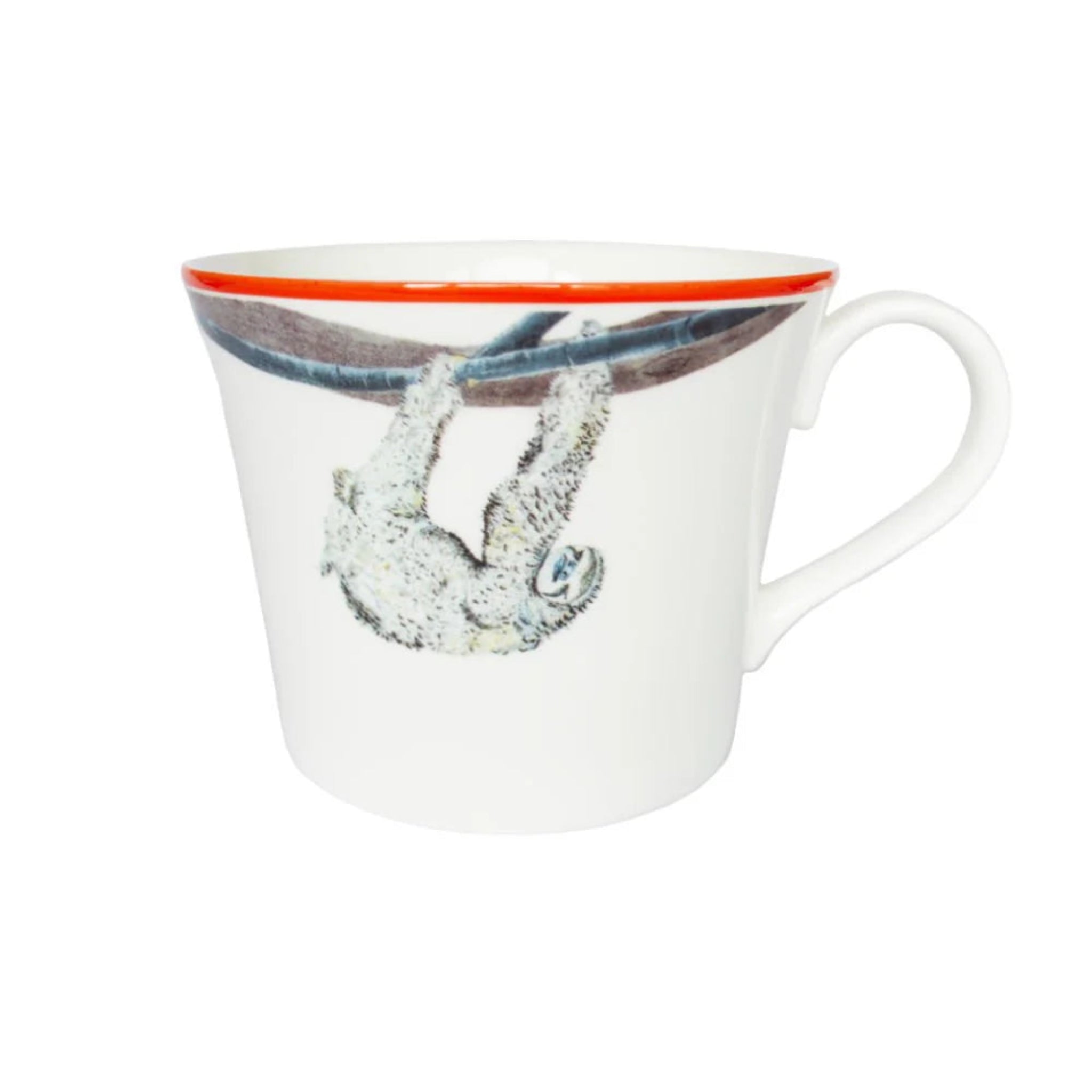 A white bone china mug with a colorful hand-painted bird design on the side, featuring a yellow rim.