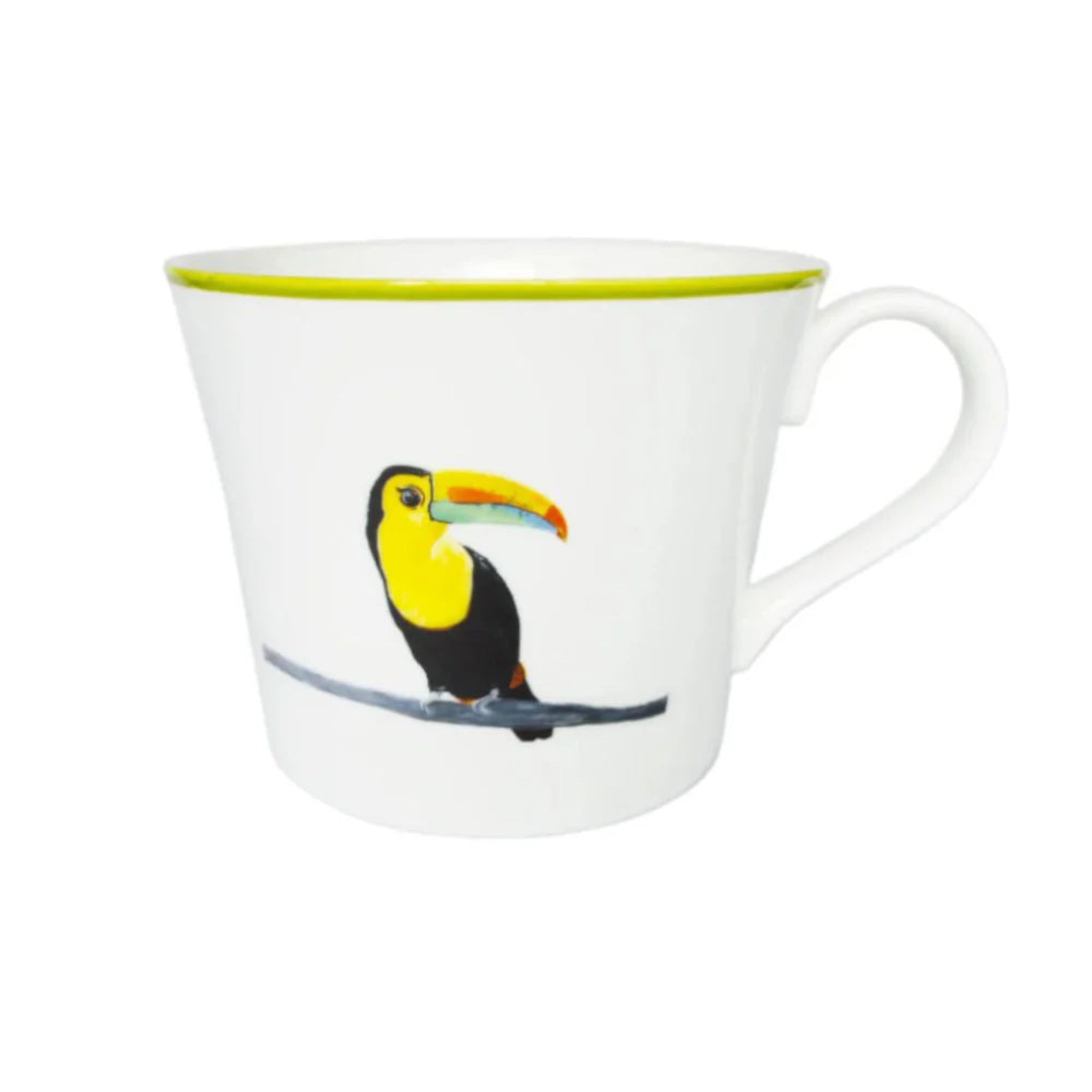 A white bone china mug with a colorful hand-painted bird design on the side, featuring a yellow rim.