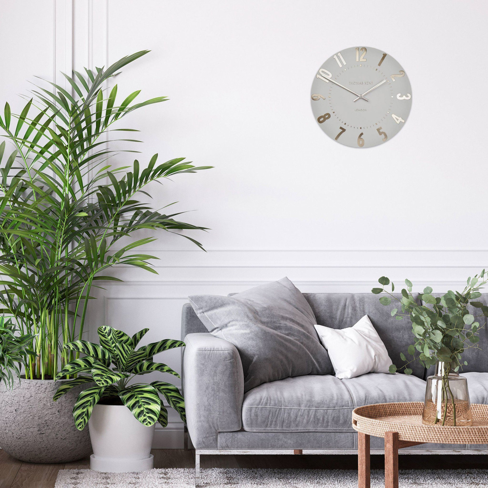 Modern living room with a gray sofa, decorative plants, and a round wall clock.