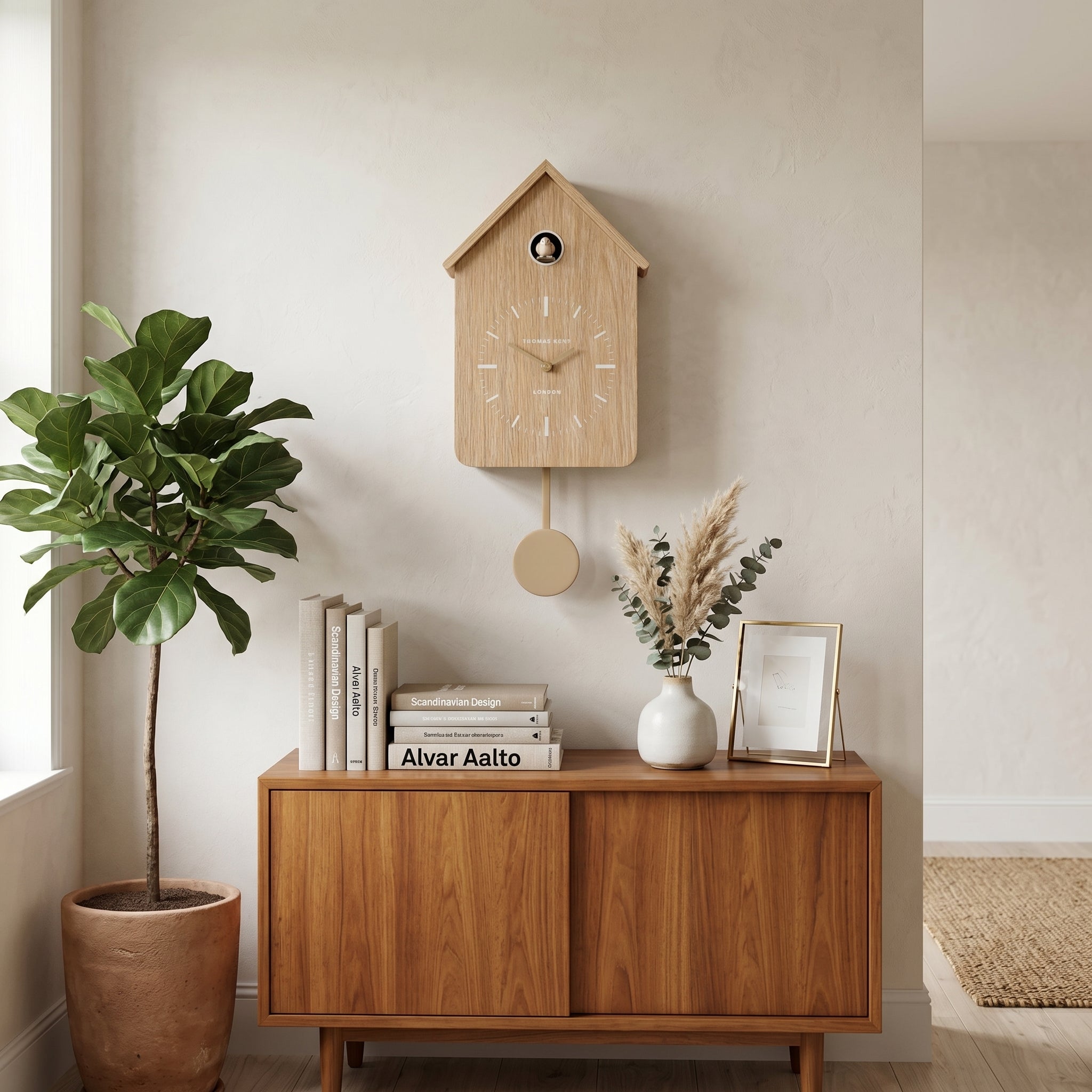 Wooden cuckoo clock on a wall above a wooden cabinet with decor items.