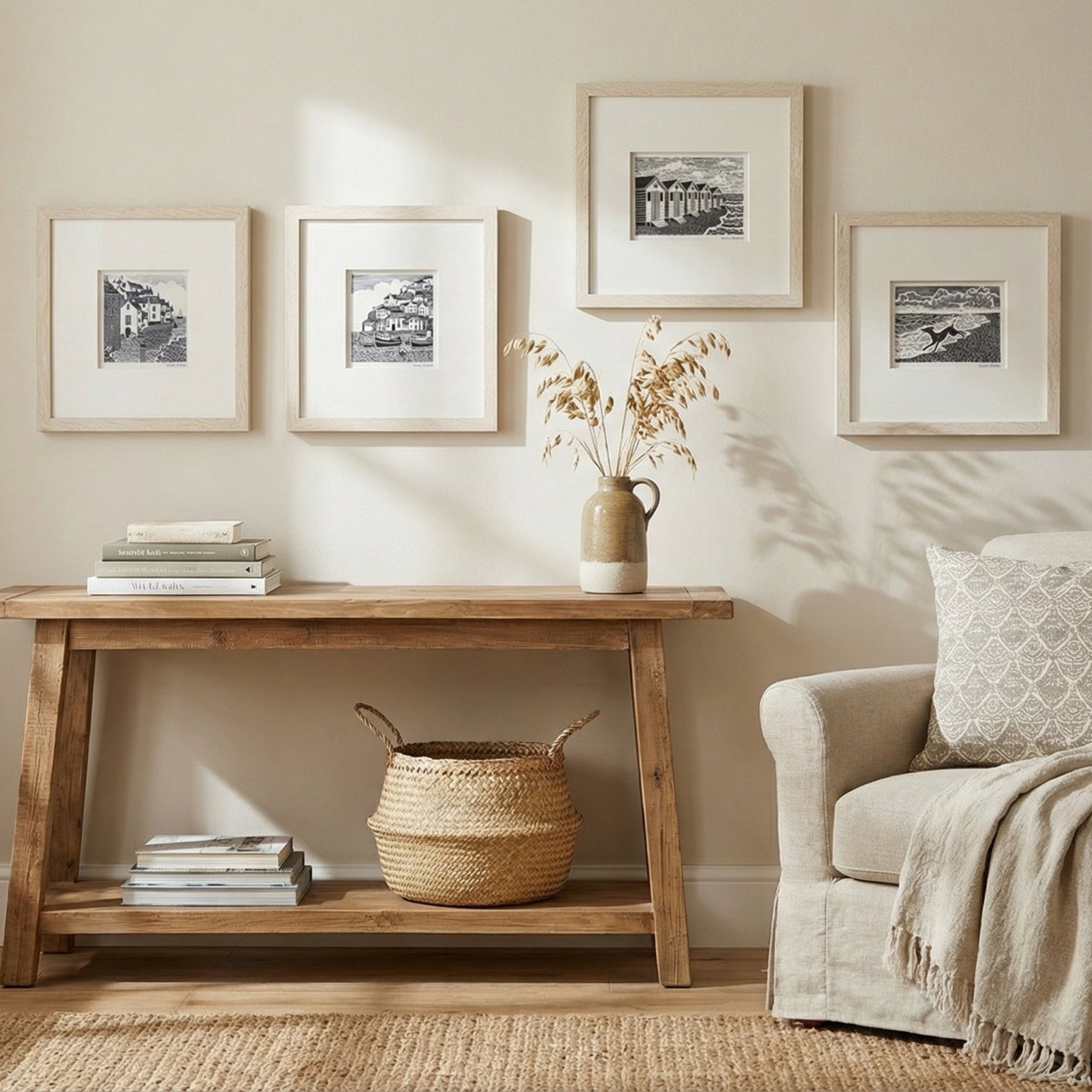 Nest living room with a wooden console table, armchair, and framed pictures on the wall.