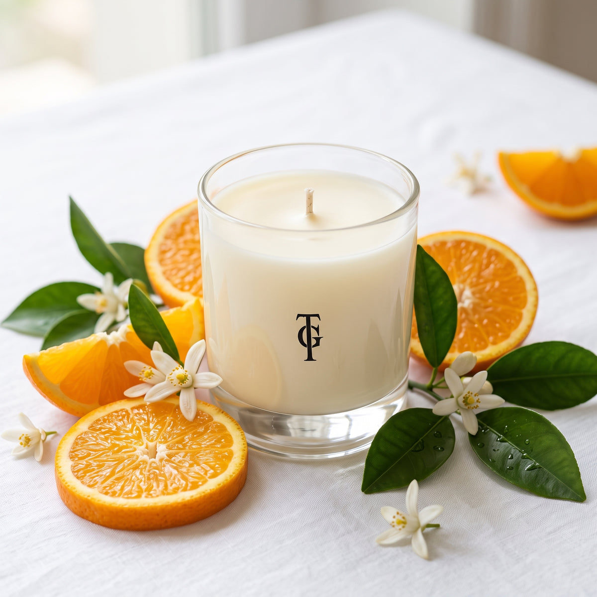 A white candle in a clear glass jar sits on a white fabric surface, surrounded by orange slices, green leaves, and small white flowers. The jar has a black monogram logo on the front.