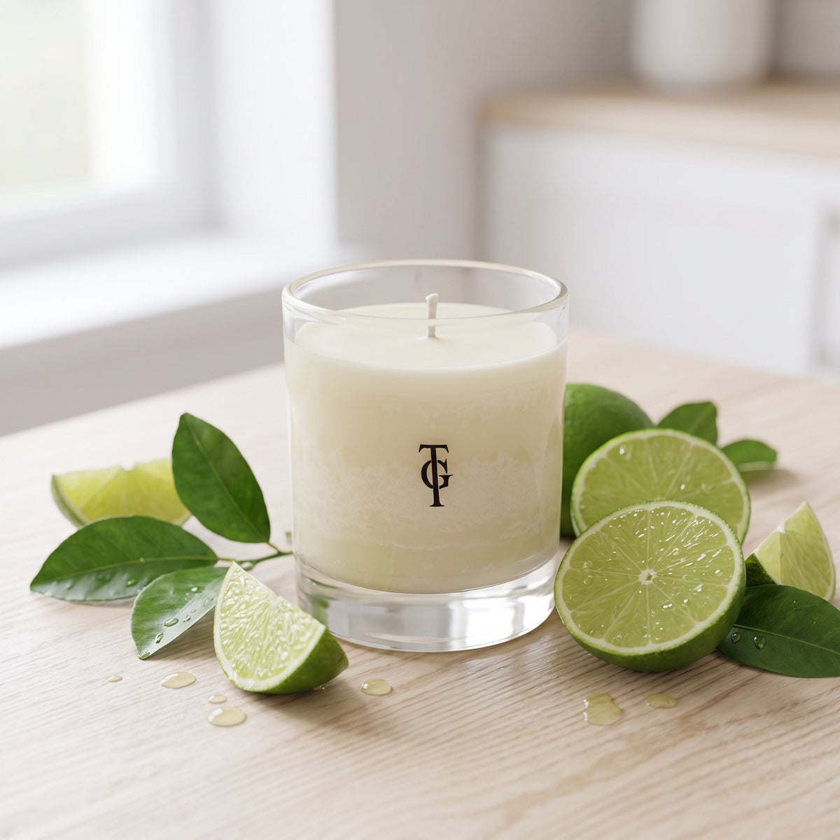 A clear glass jar candle with creamy off-white wax sits on a light wood table, surrounded by fresh lime slices, wedges, and green leaves. The candle features a black monogram logo on the front.