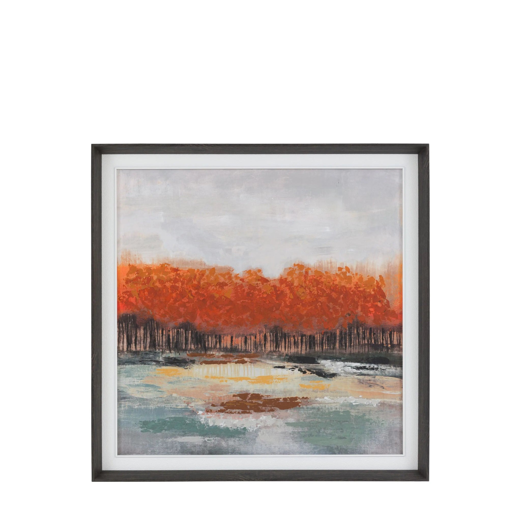 Framed abstract artwork with orange, gray, and blue colors on a white background
