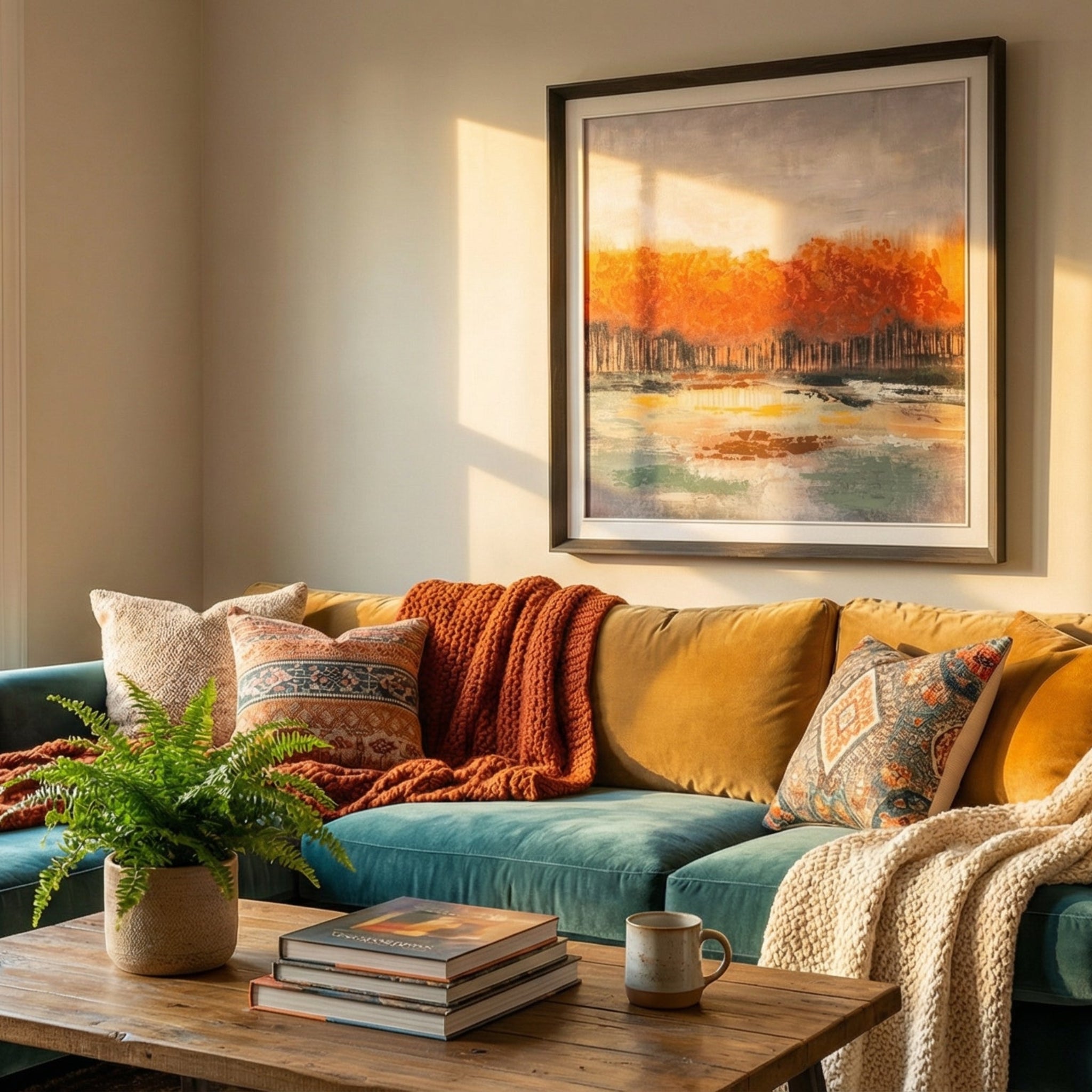 Cozy living room with a blue sofa, colorful pillows, and a painting on the wall.
