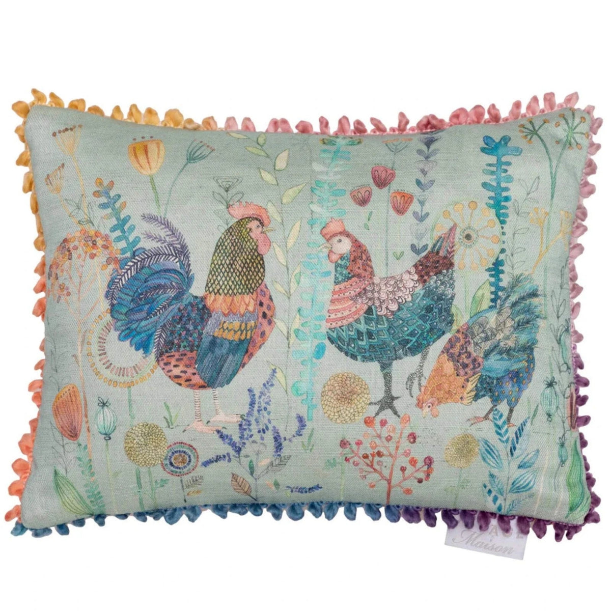 A square decorative throw pillow featuring a colorful embroidered design of three birds and wildflowers on a pale blue-green background, finished with pom-pom trim in pink, orange, and purple.