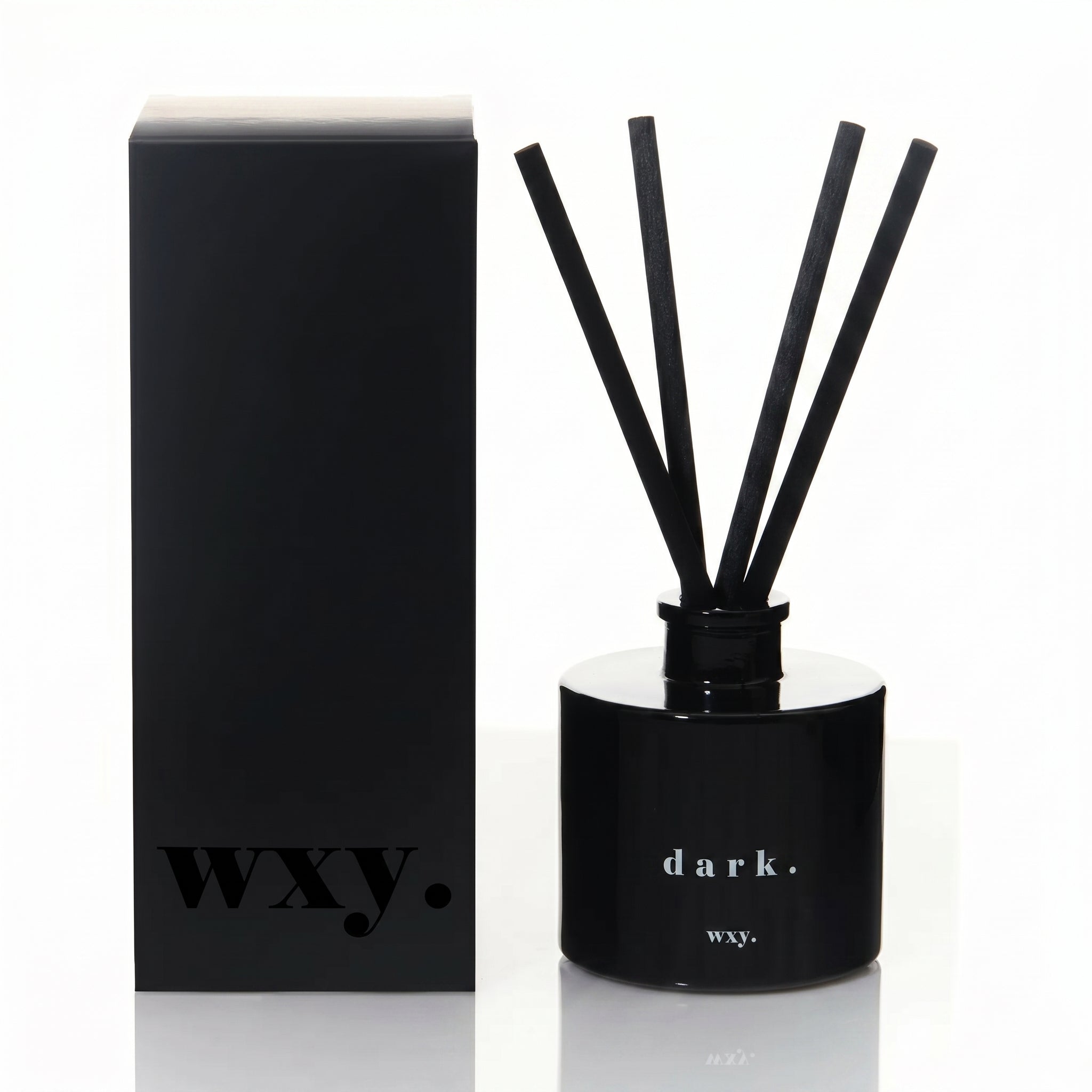 Black diffuser with sticks and packaging labeled &