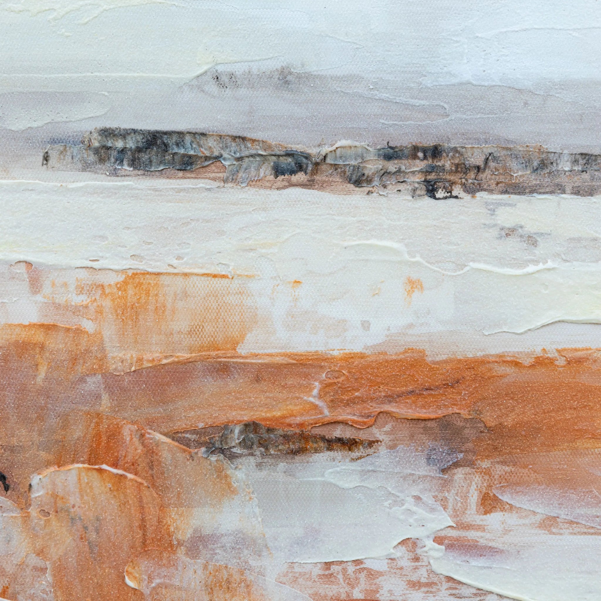 Abstract art with brown, orange, and white colors on a textured surface