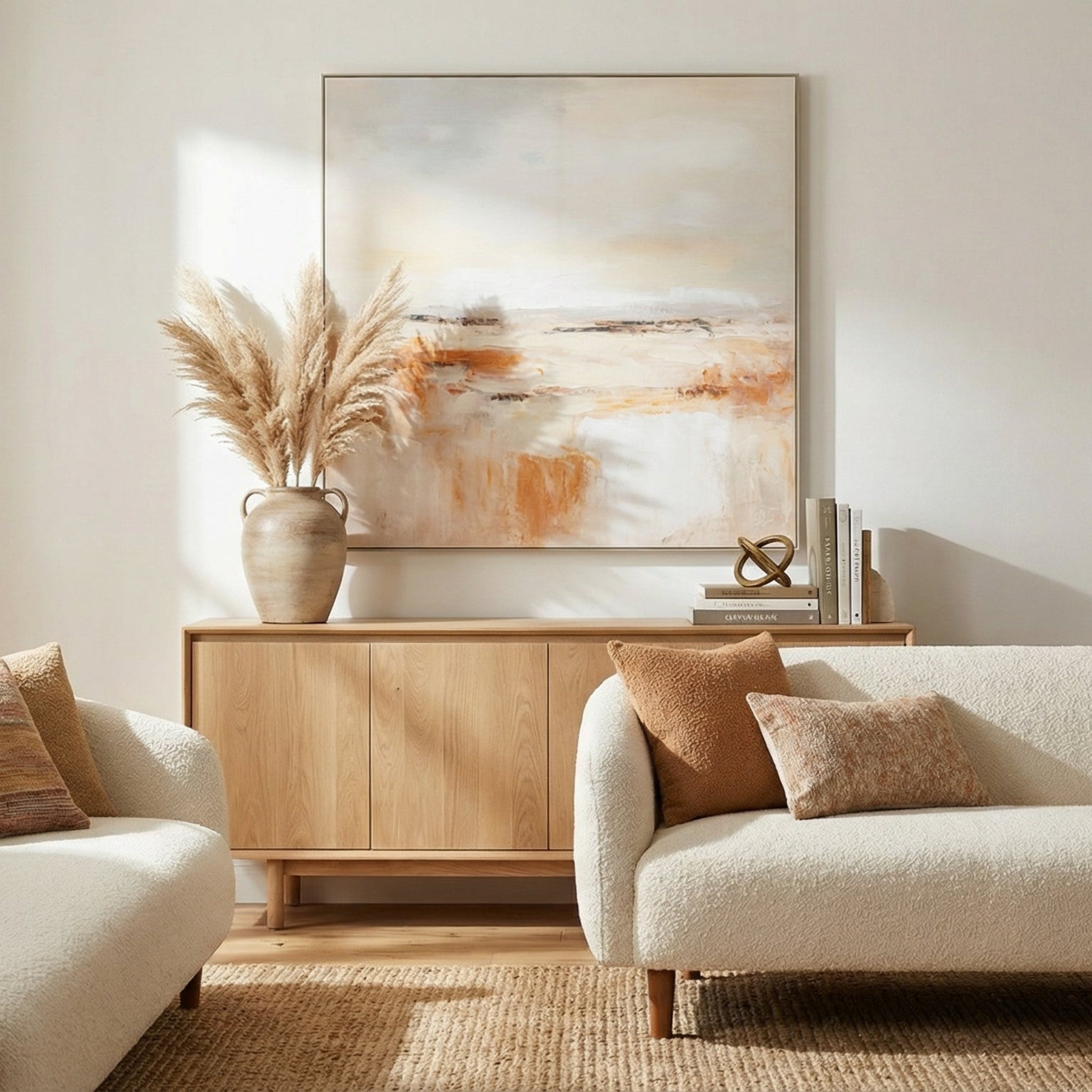 Modern living room with beige sofas, a wooden cabinet, and abstract art on the wall.
