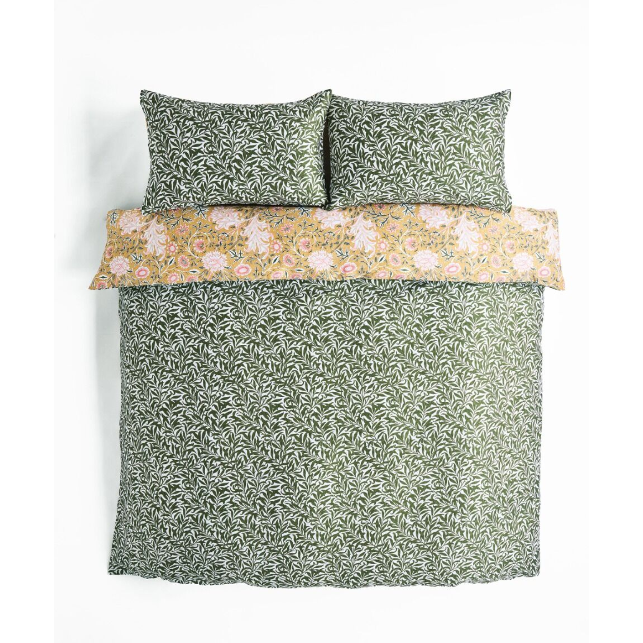 Floral patterned duvet cover set with matching pillows on a white background