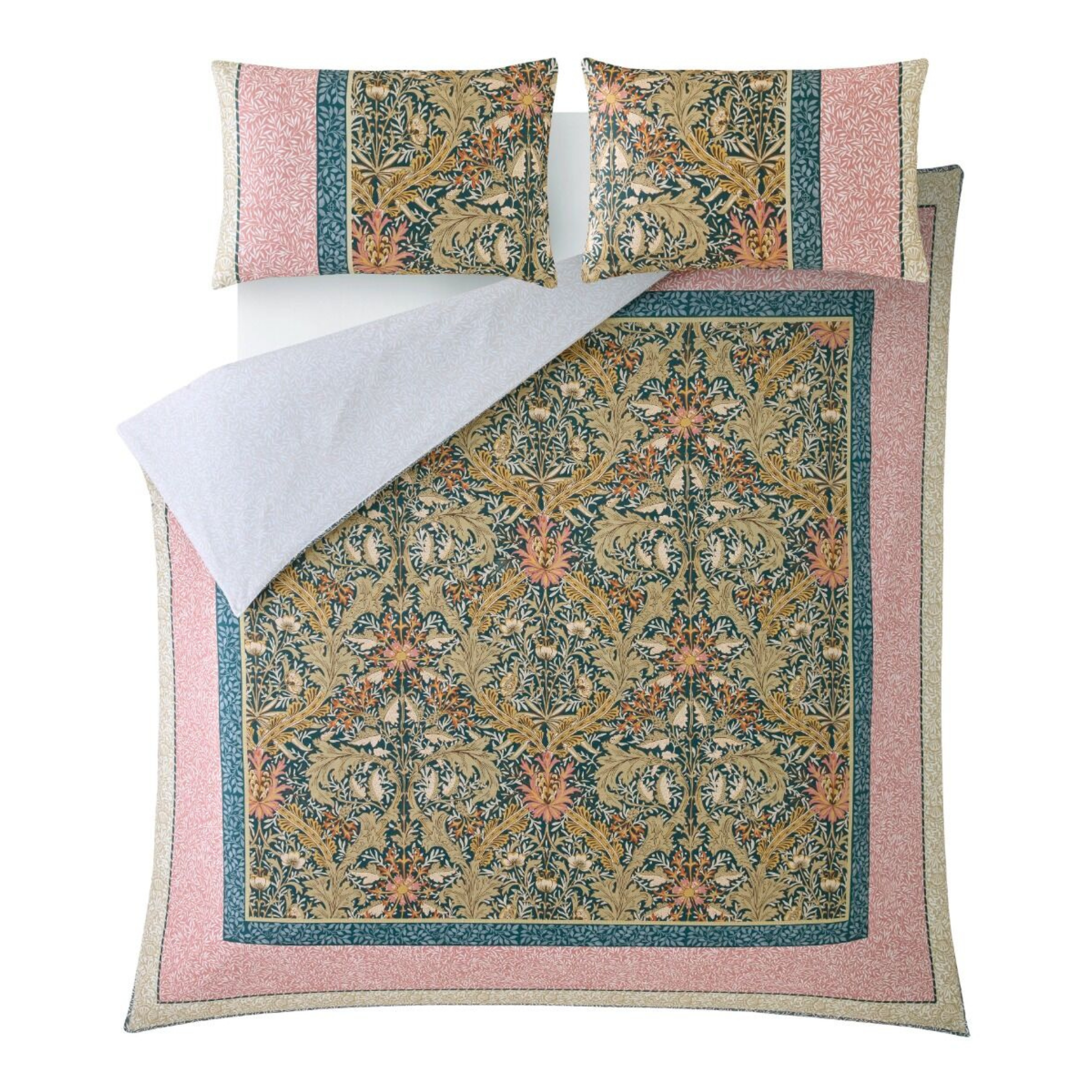 Floral patterned duvet cover and pillow case set on a white background