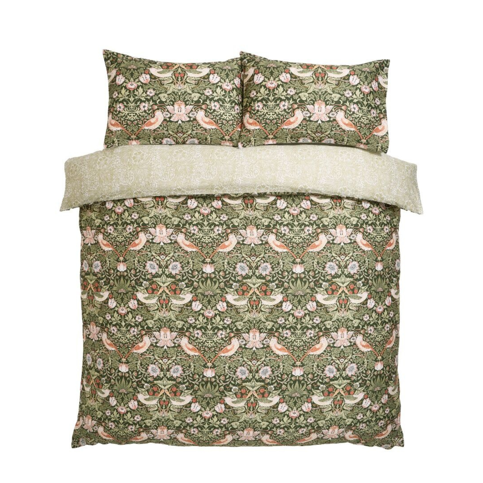 Floral and bird patterned bedding set on a white background