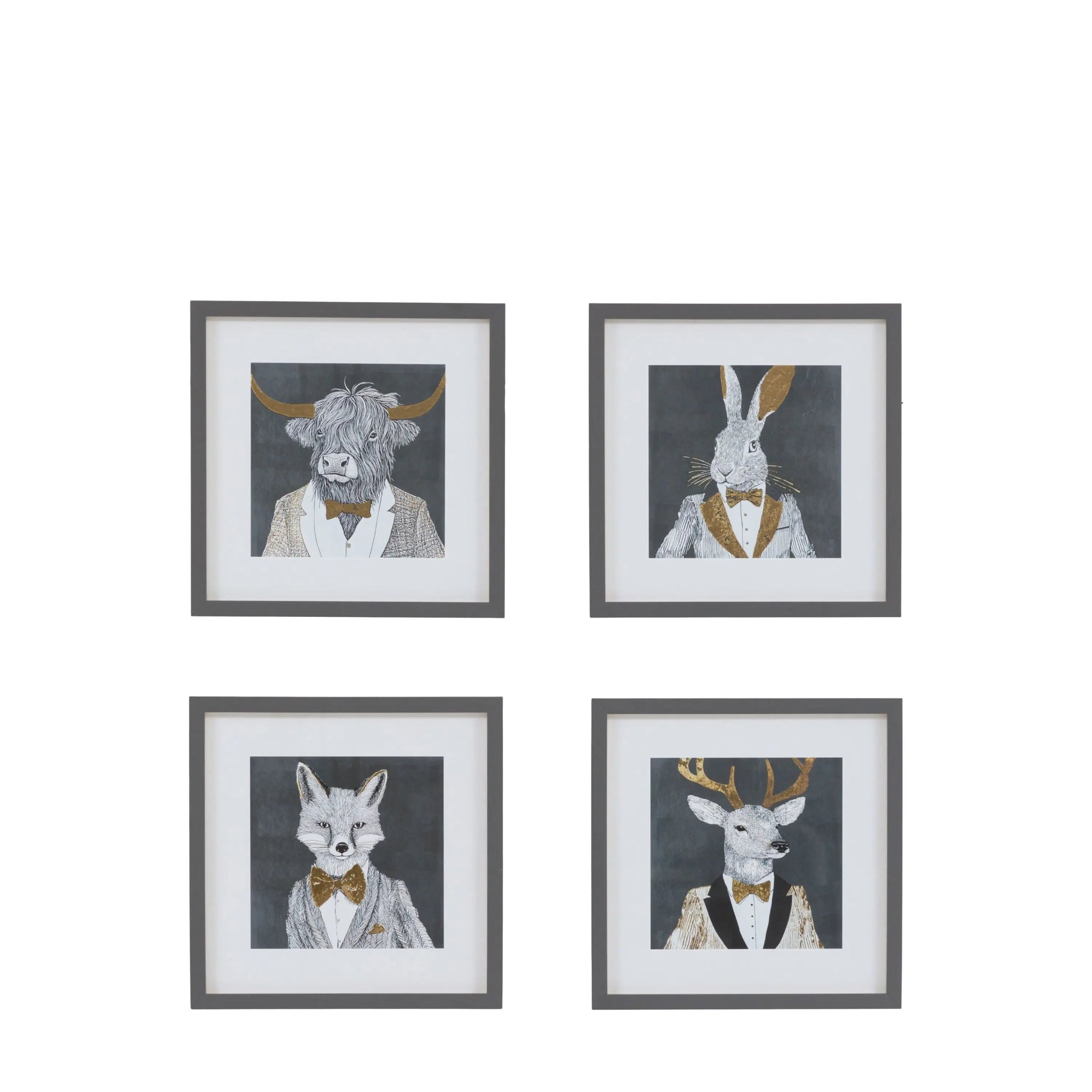 Set of four framed animal portraits with suits on a white background