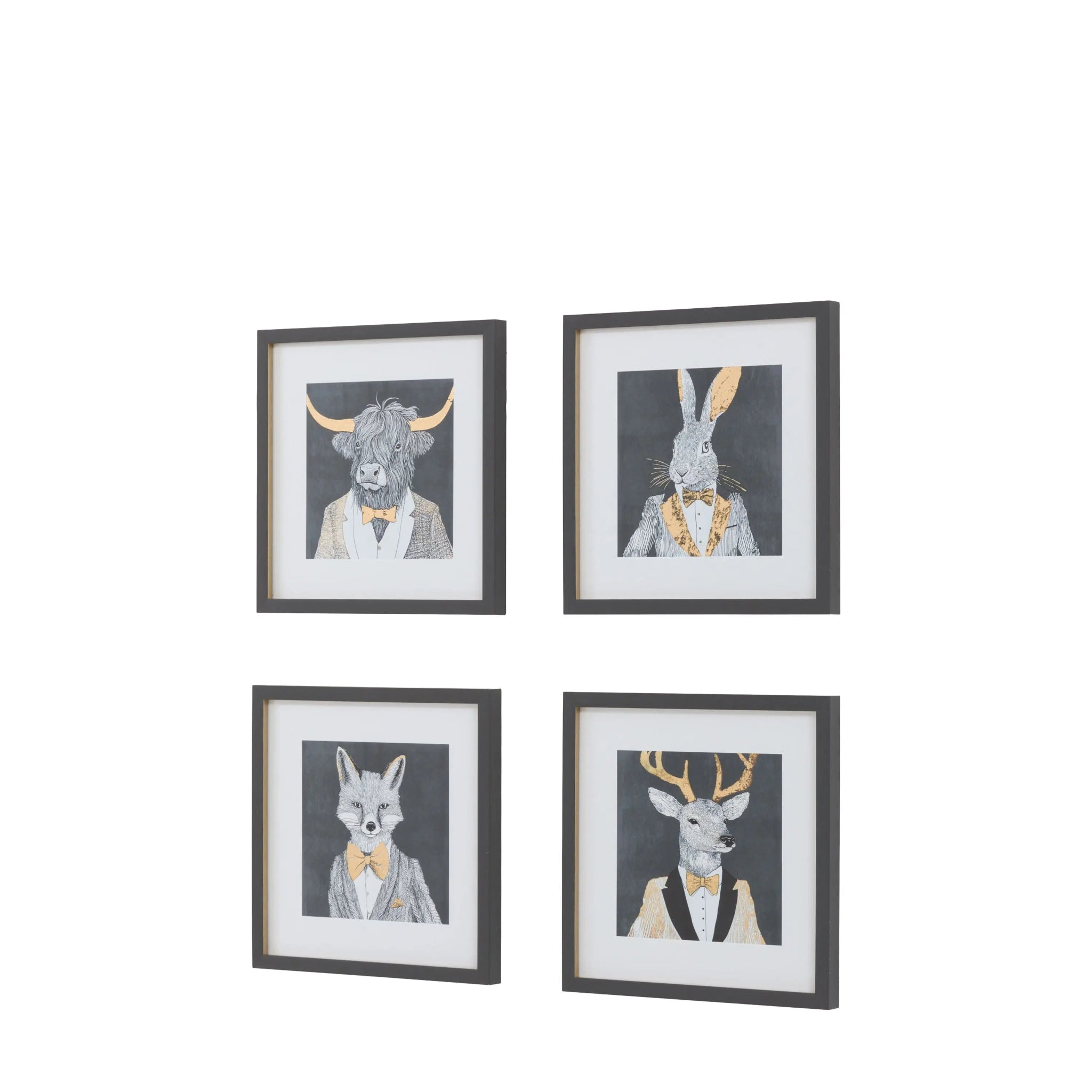 Four framed illustrations of animals in suits on a white background