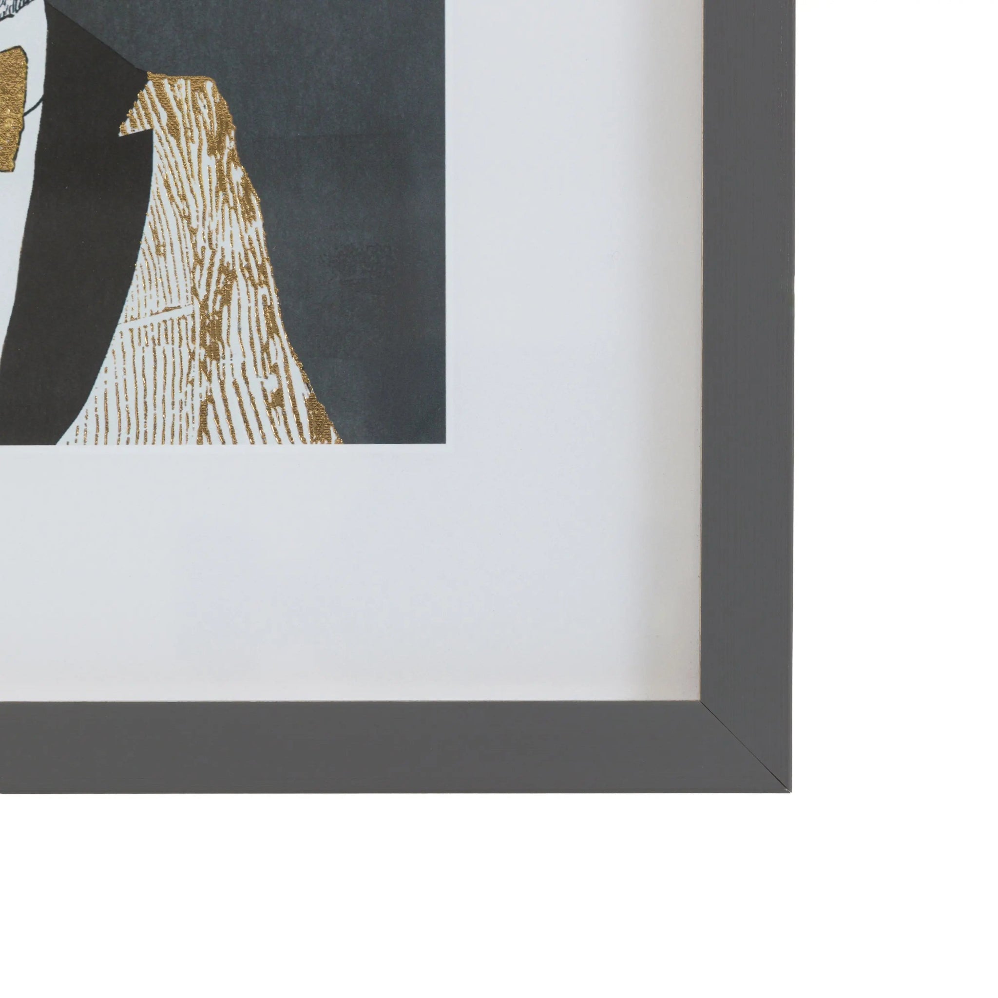 Framed artwork with a black border featuring abstract patterns in gold and white.