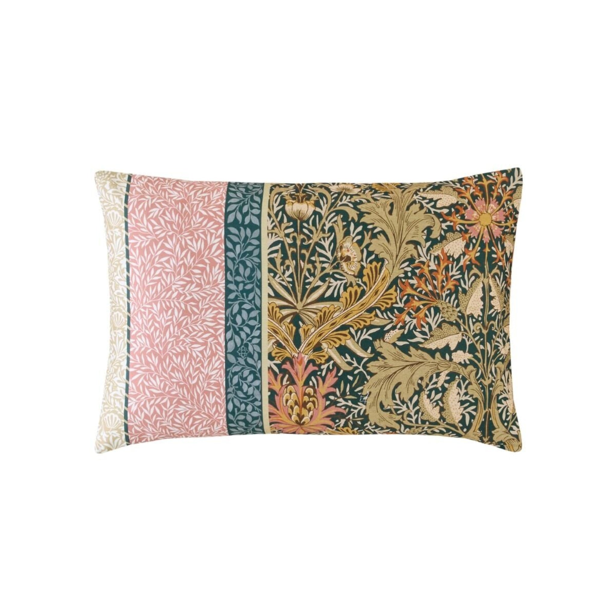 Decorative pillow with multicolored floral patterns on a white background