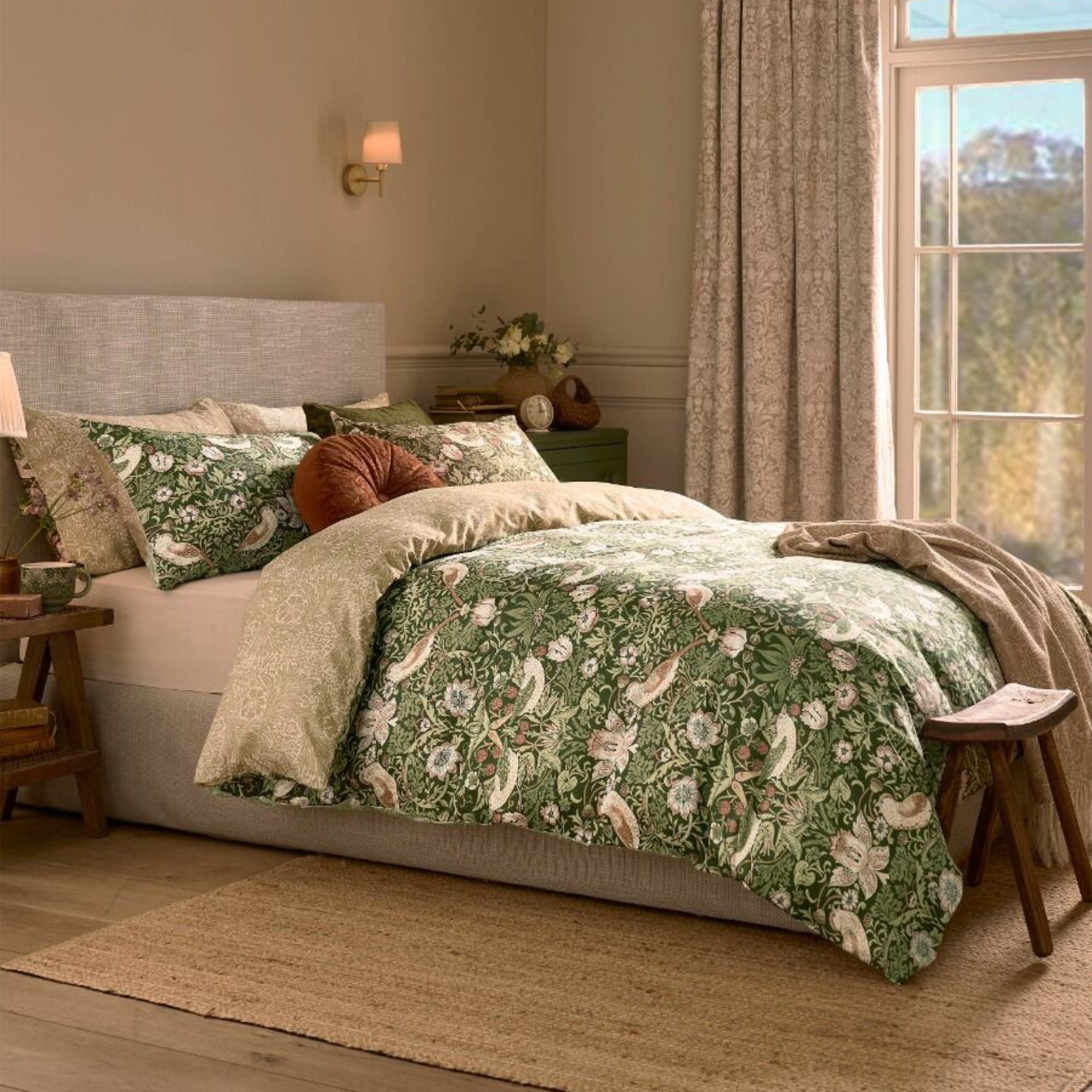 Bedroom with floral bedding and natural light