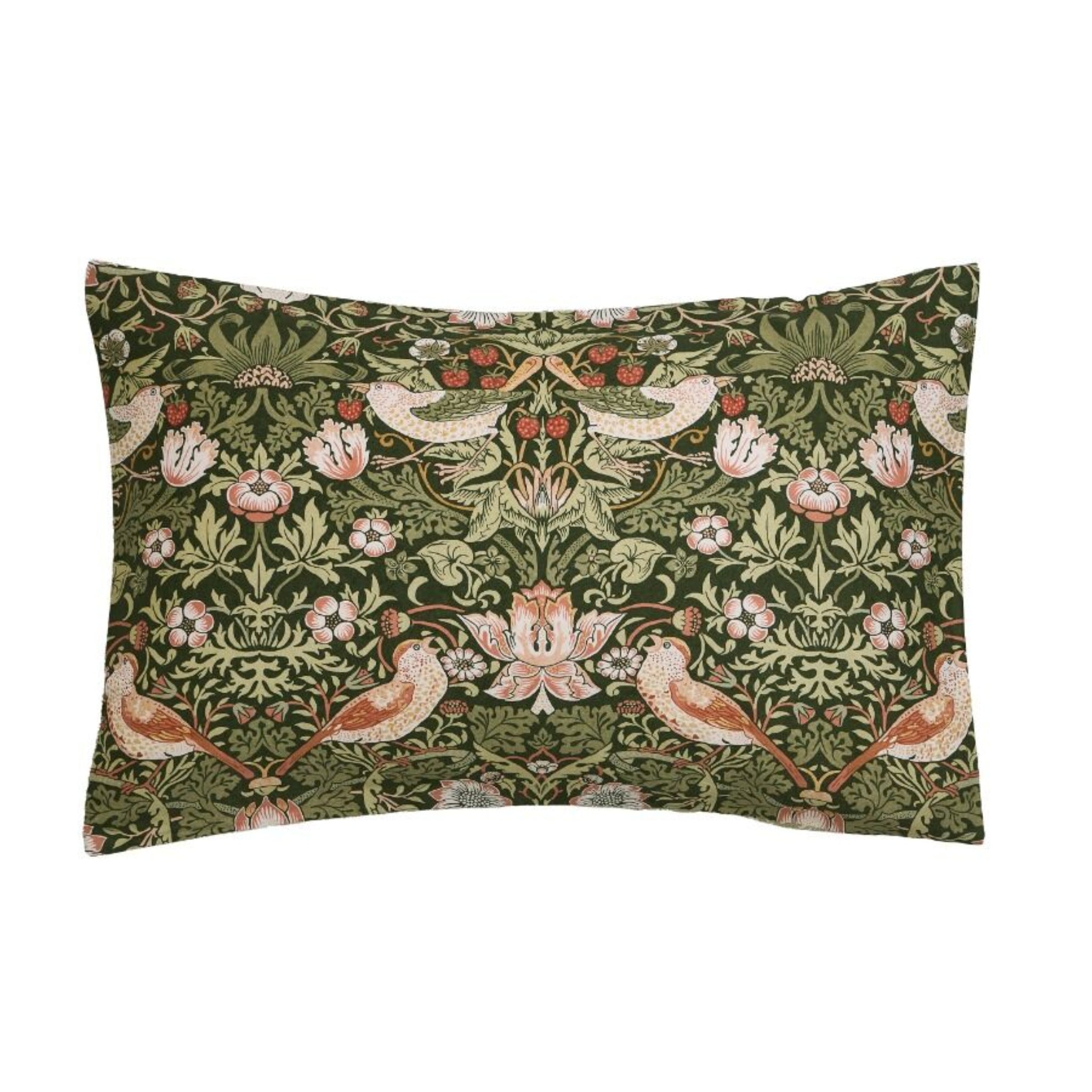 Decorative pillow with floral and bird pattern on a white background