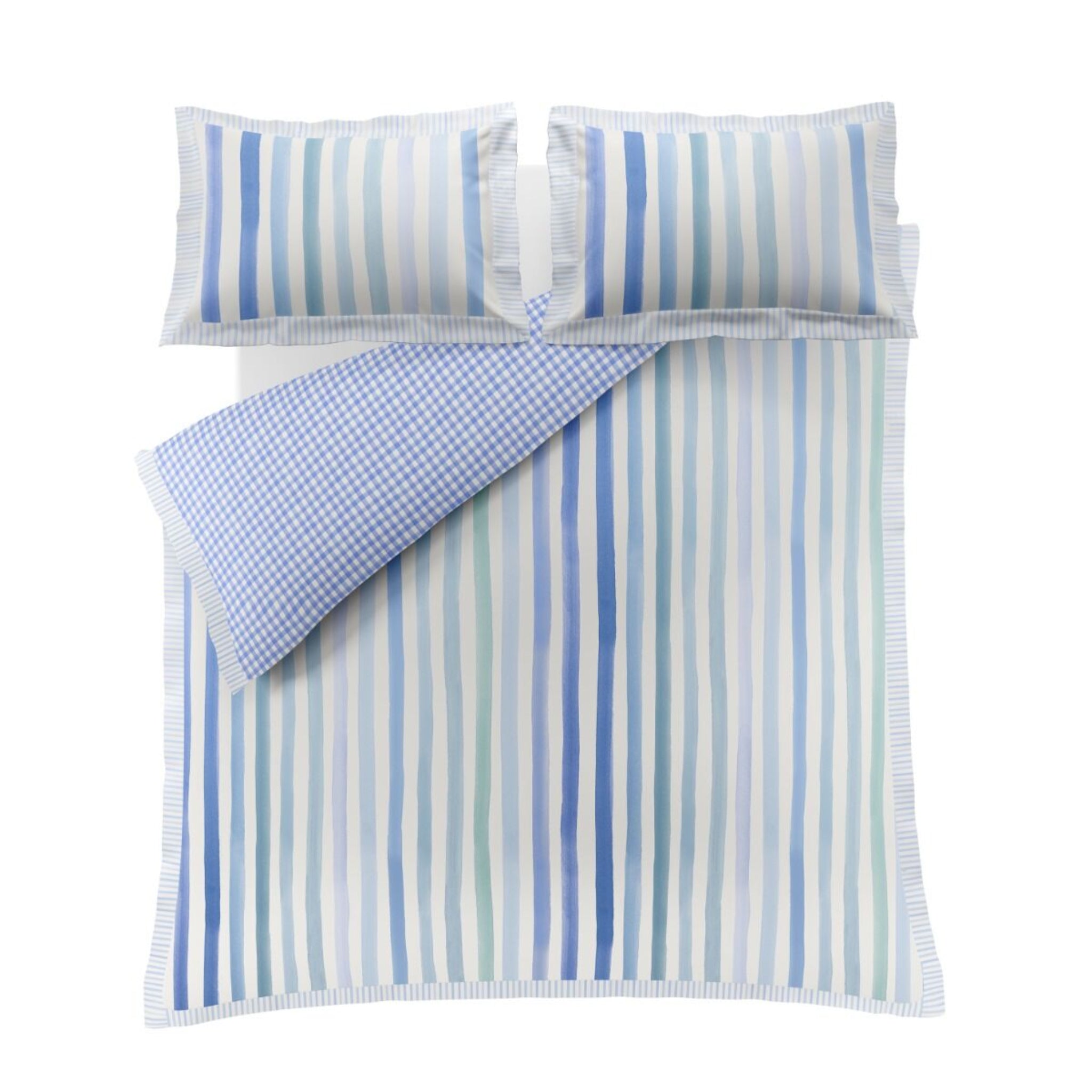 Striped blue and white bedding set with checkered pillowcases on a white background