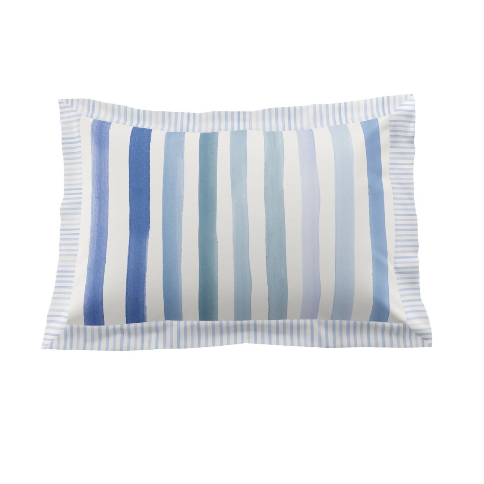 Striped pillow with blue and white pattern on a white background
